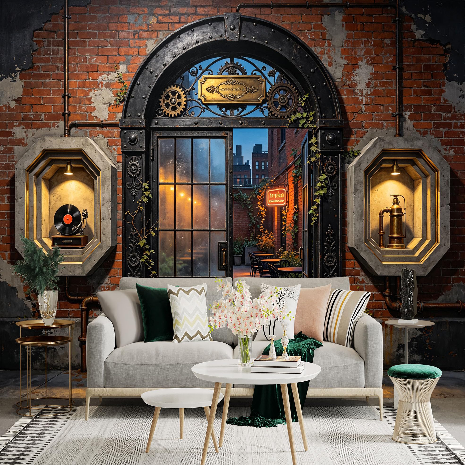 Custom Size Wall Sticker Mural， Industrial Brick Wall with Vintage Door and Steampunk Gears， for wall Decoration， peelandstick wall Decals.