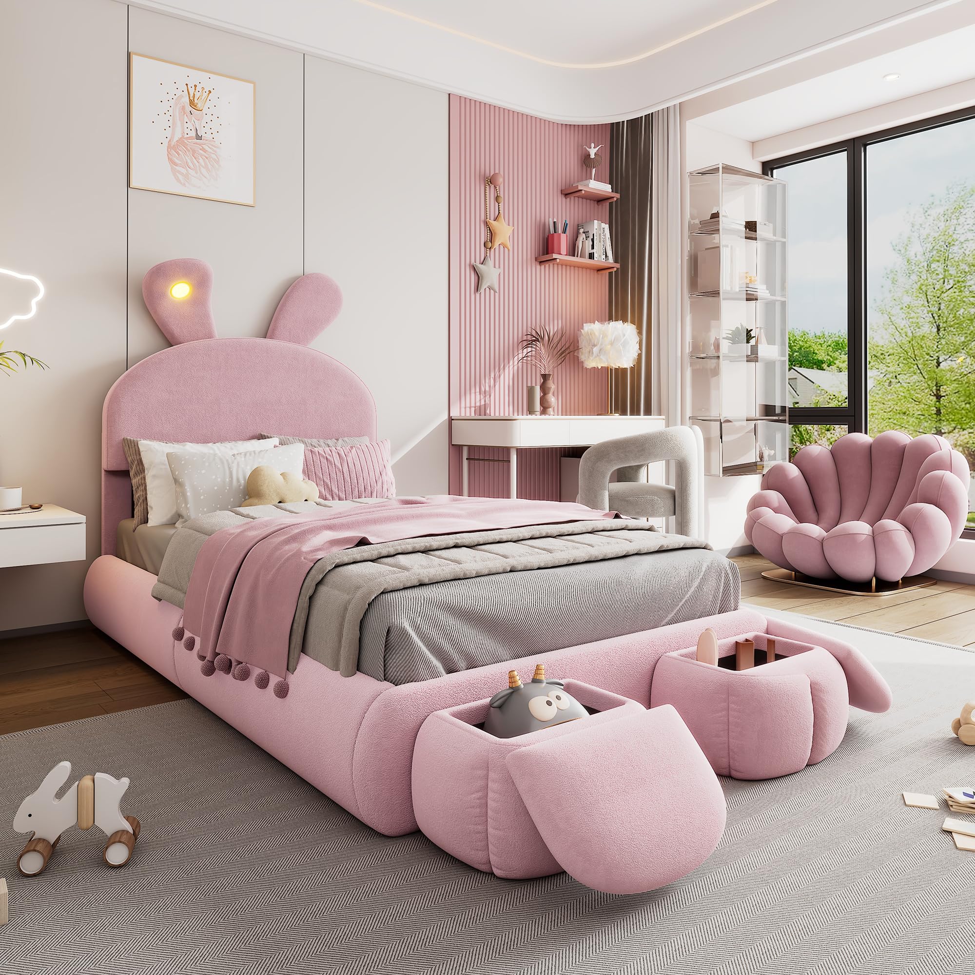 Soweiz Cama tapizada, cama hidráulica, orejas de conejo con brillo ajustable, tiras de luz cálida, espacio de almacenamiento debajo de la cama, con dos taburetes de almacenamiento, terciopelo (rosa,