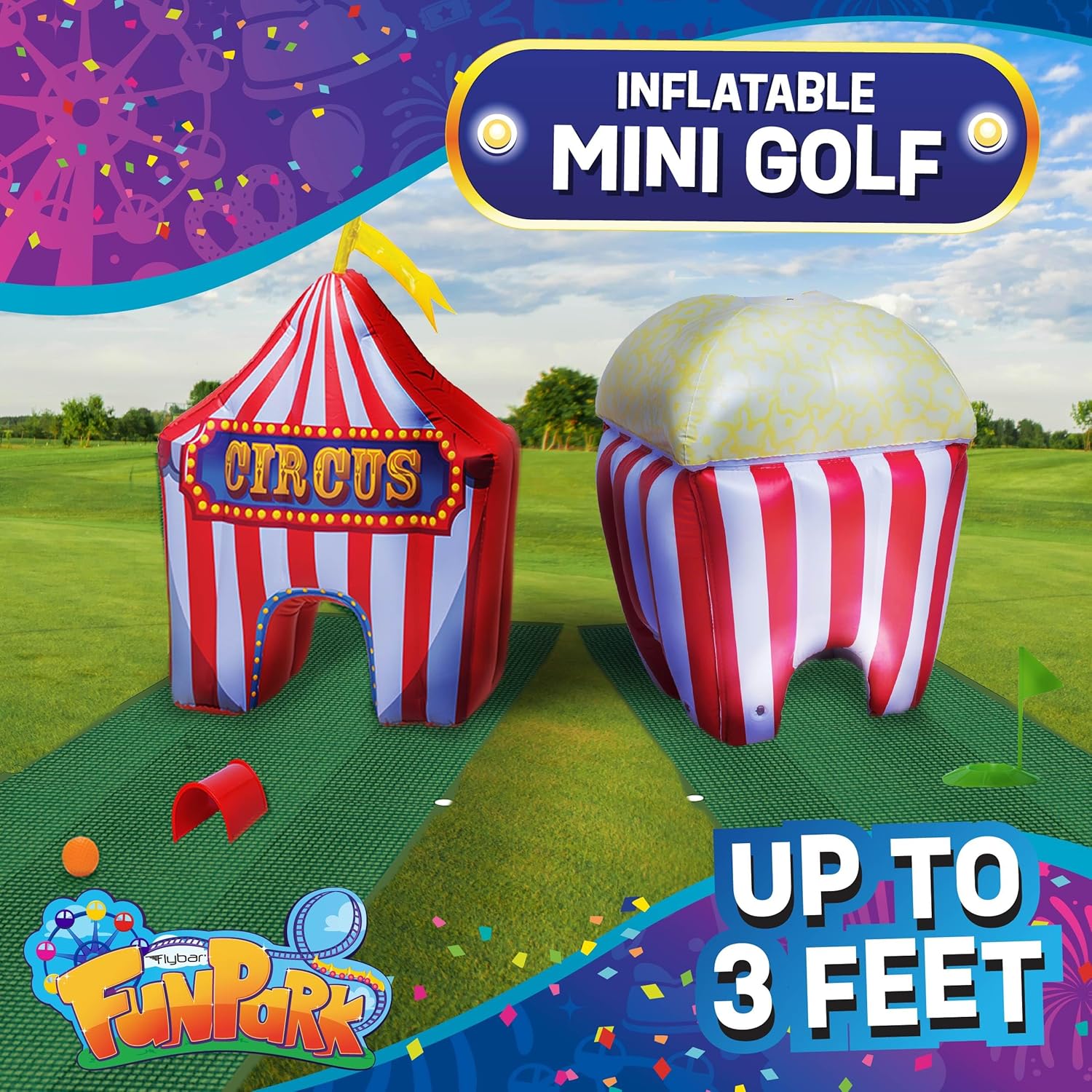 FunPark Inflatable Mini Golf Set – 13-Piece Course with Adjustable Clubs, Balls, Putting Cups, Green Mats and Themed Obstacles for Indoor or Outdoor Play, Active Game for Boys ANG Girls, Ages 6+