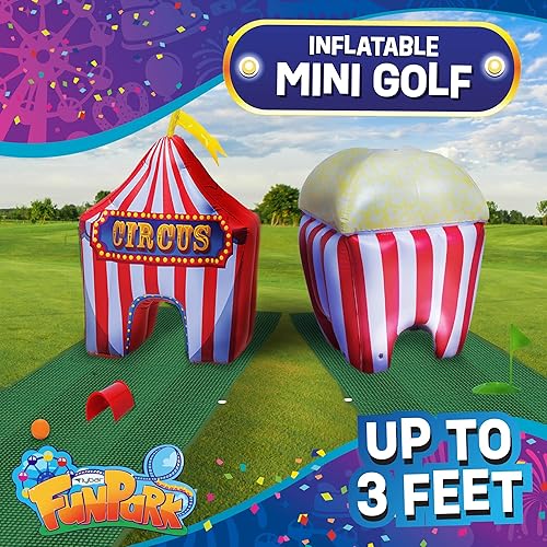 Miniatura 6 de FunPark - Juego de minigolf inflable  Campo de 13 piezas con palos ajustables, pelotas, copas de putting, tapetes verdes y obstáculos temáticos para