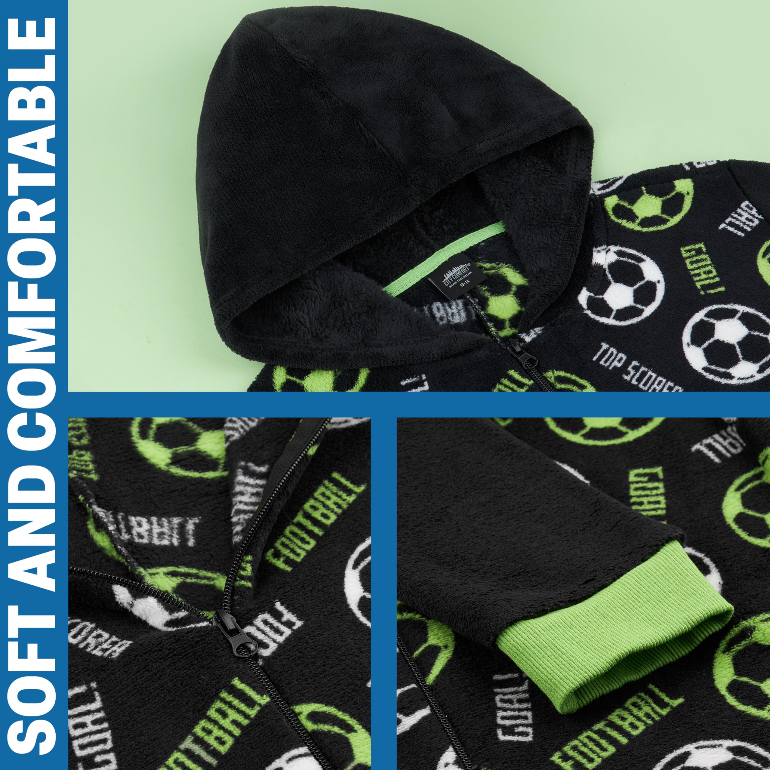 Get Trend Pijama Niño Entero Cremallera, Ropa de Dormir Adolescentes, Mono Cálido de Fútbol o Videojuegos con Capucha, Ideas Regalo
