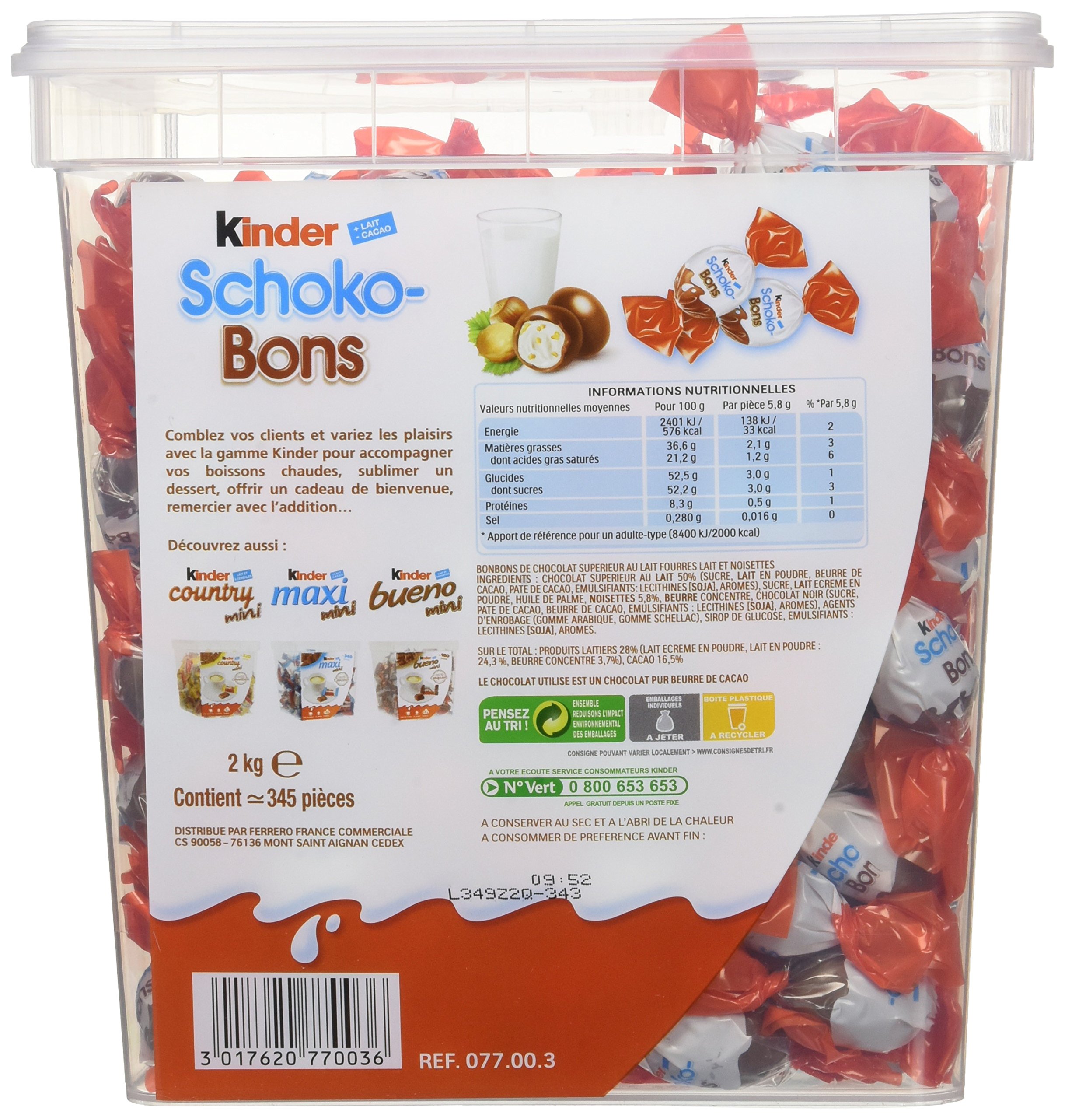 Kinder - Box Schoko-Bons - Environ 345 pièces - 2 kg - Chocolats au lait fourrés lait & noisettes - Emballage individuel - Format familial partage fêtes écoles | Chocolats au lait fourrés aux noisettes - anniversaire, piñata, kermesse, école, goûter - for