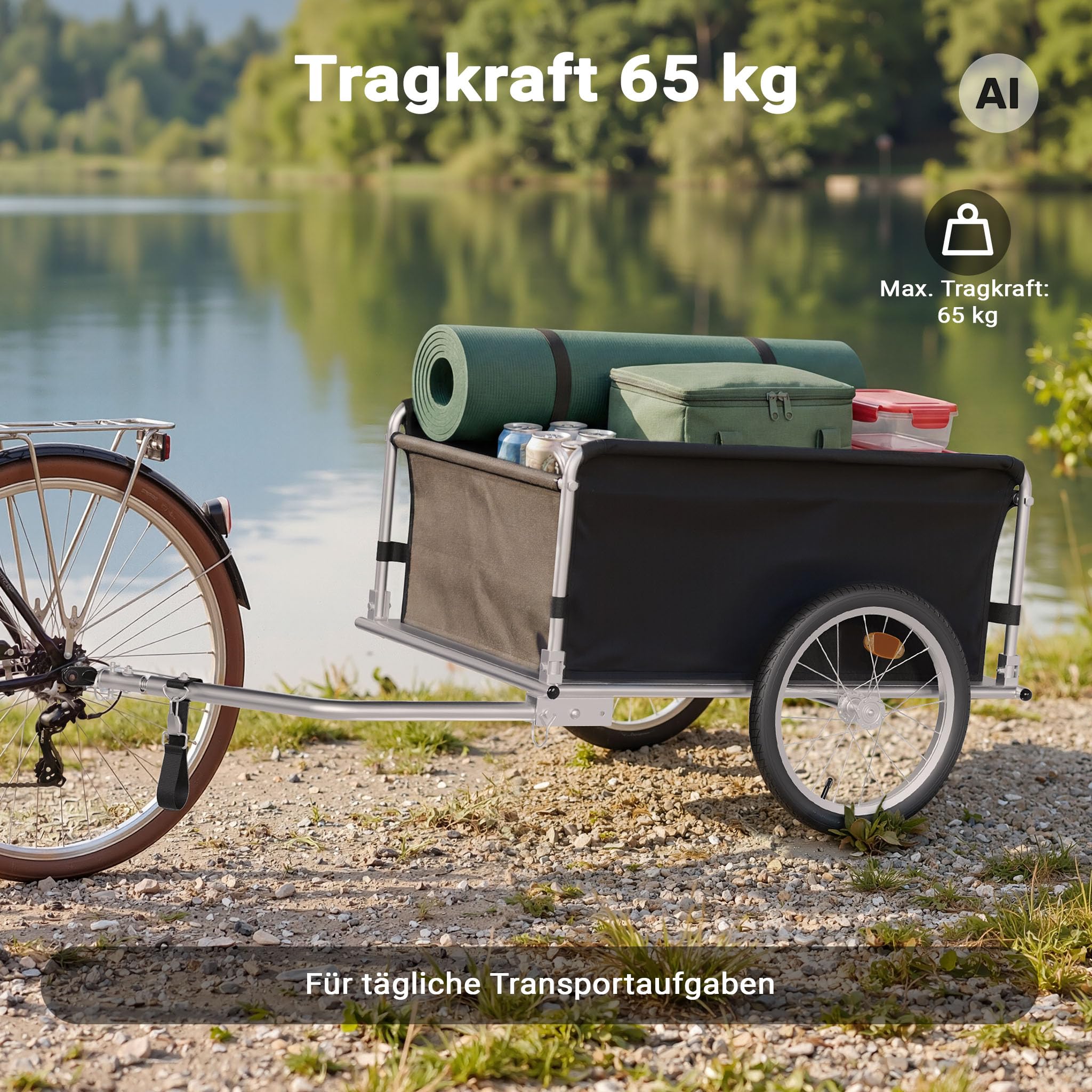 Wiltec Fahrrad Lastenanhänger 135x60x58 cm bis 65 kg, Fahrradanhänger mit Deichsel klappbar & Schnellkupplung für Einkäufe, Urlaub, Radtouren Sport & Freizeit