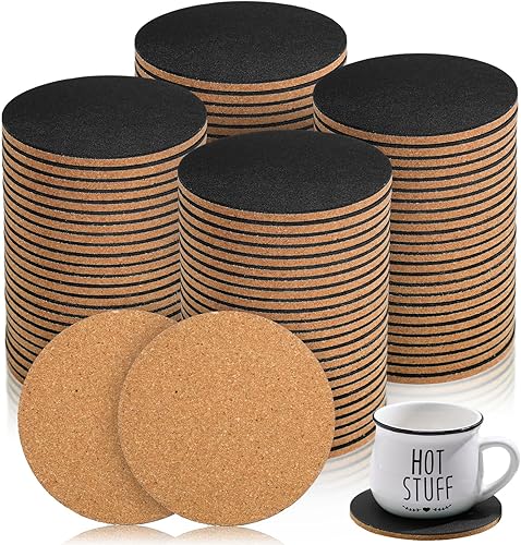Uiifan 100 posavasos de corcho y cuero para bebidas, 4 pulgadas, de piel sintética, absorbentes, con corcho en blanco, posavasos redondos de corcho