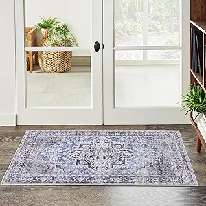Vintage 2x3 Washable Area Rug, Low-Profile Entryway Rug with Non-Slip Backing & Durable Edge Binding, Pet-Friendly Doormat, Small Rug for Entryway, Kitchen, Living Room