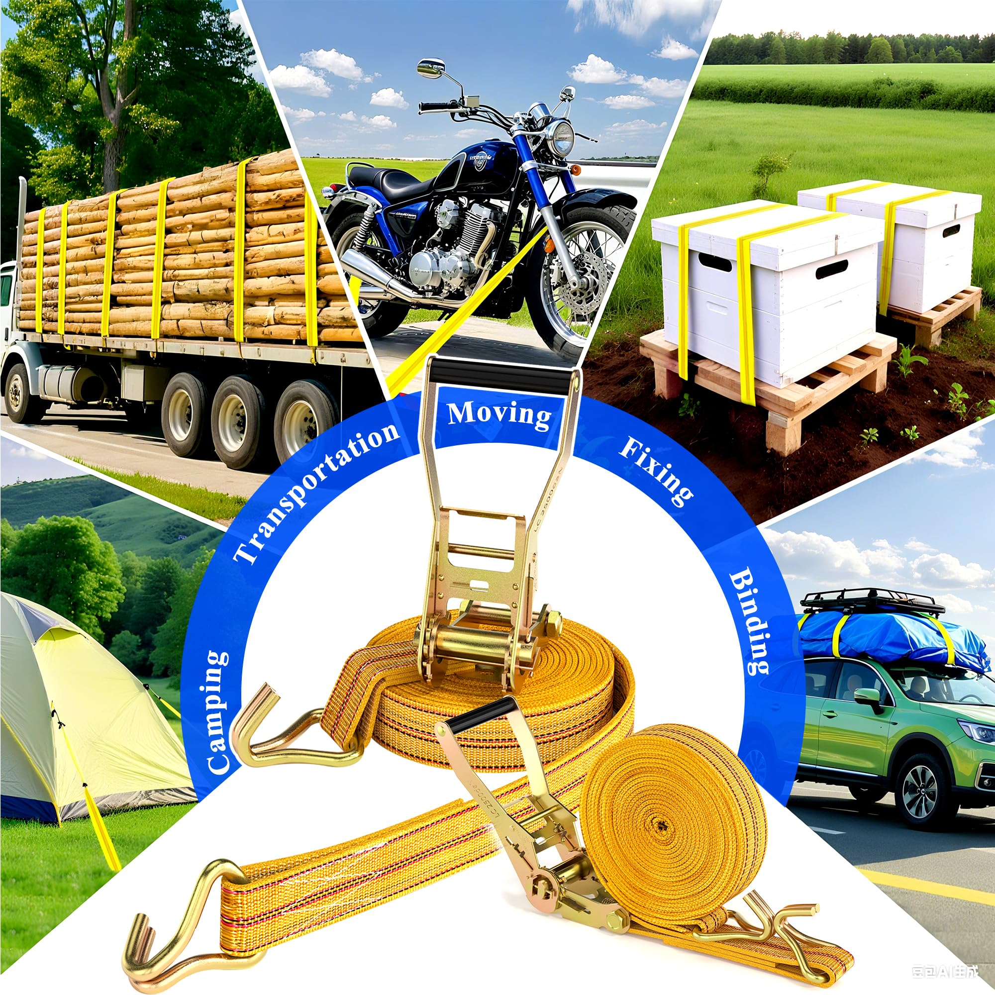 2 cinghie a cricchetto resistenti, 5,1 cm, 9,1 m, giallo, resistenza alla rottura, cricchetto con doppio gancio a J per traslochi, attrezzature da prato, bagagliaio auto e moto