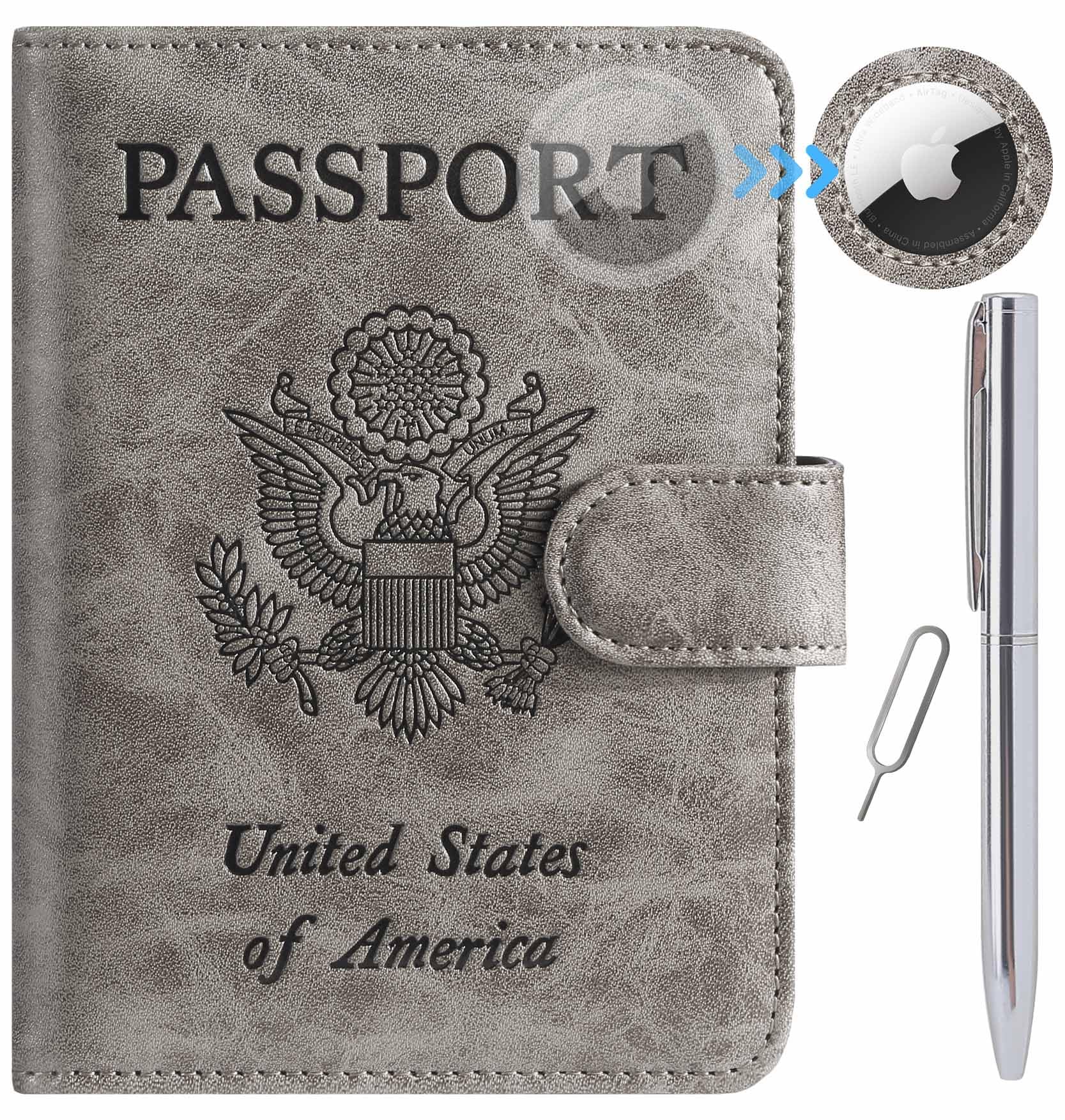 Airtag Passport Holder Cover Wallet RFID Blocking Leather Case Travel Essentials Luggage Accessories Travel Must Have(118#Grey)