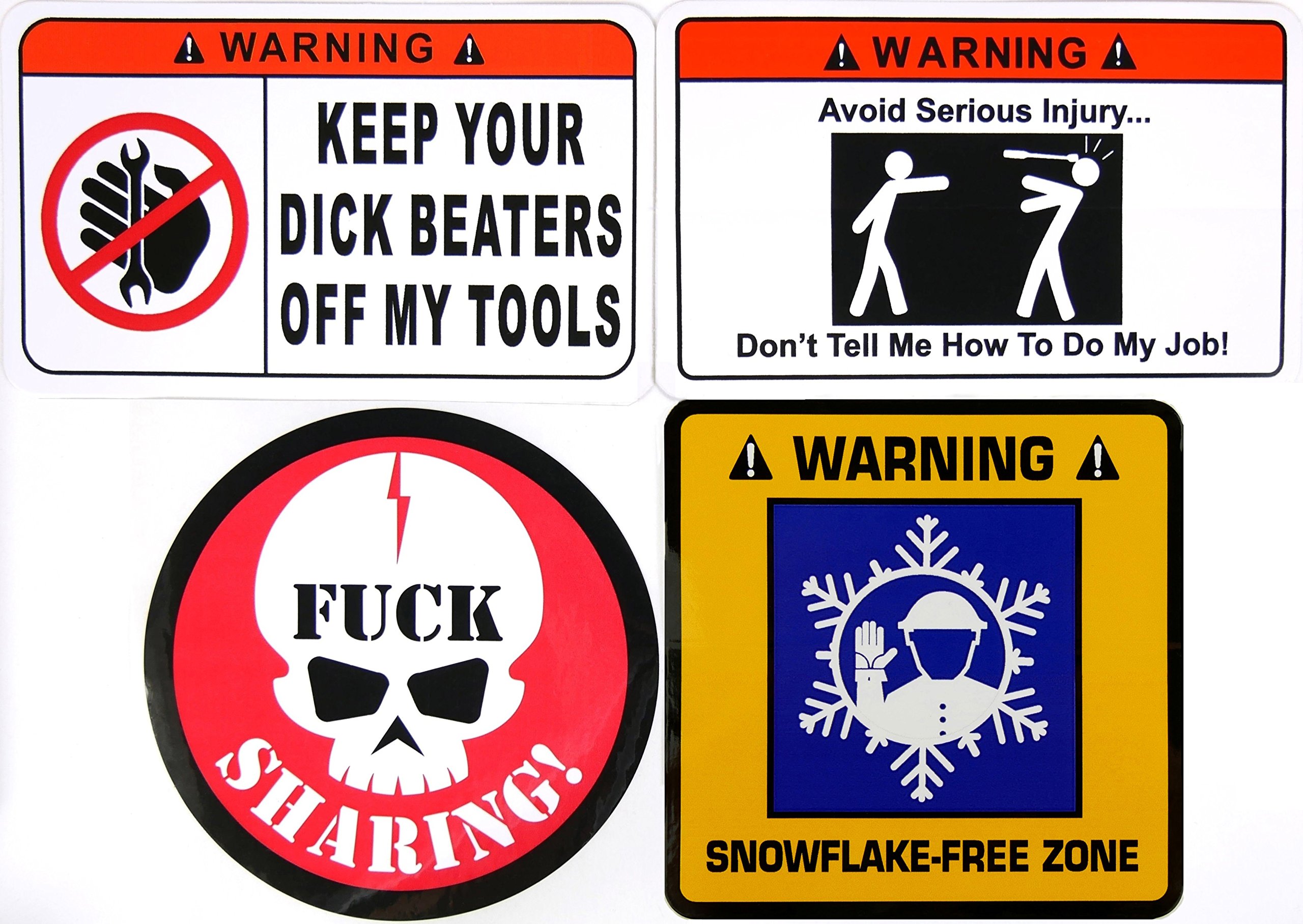 STICKER 4 PACK (1) Keep Your Dick Beaters Off My Tools (1) Don't Tell Me How To Do My Job (1) Fuck Sharing Skull (1) Snowflake Free Zone 4 Pack by STKR Commander Toolbox Hardhat Bumper Stickers/Decals