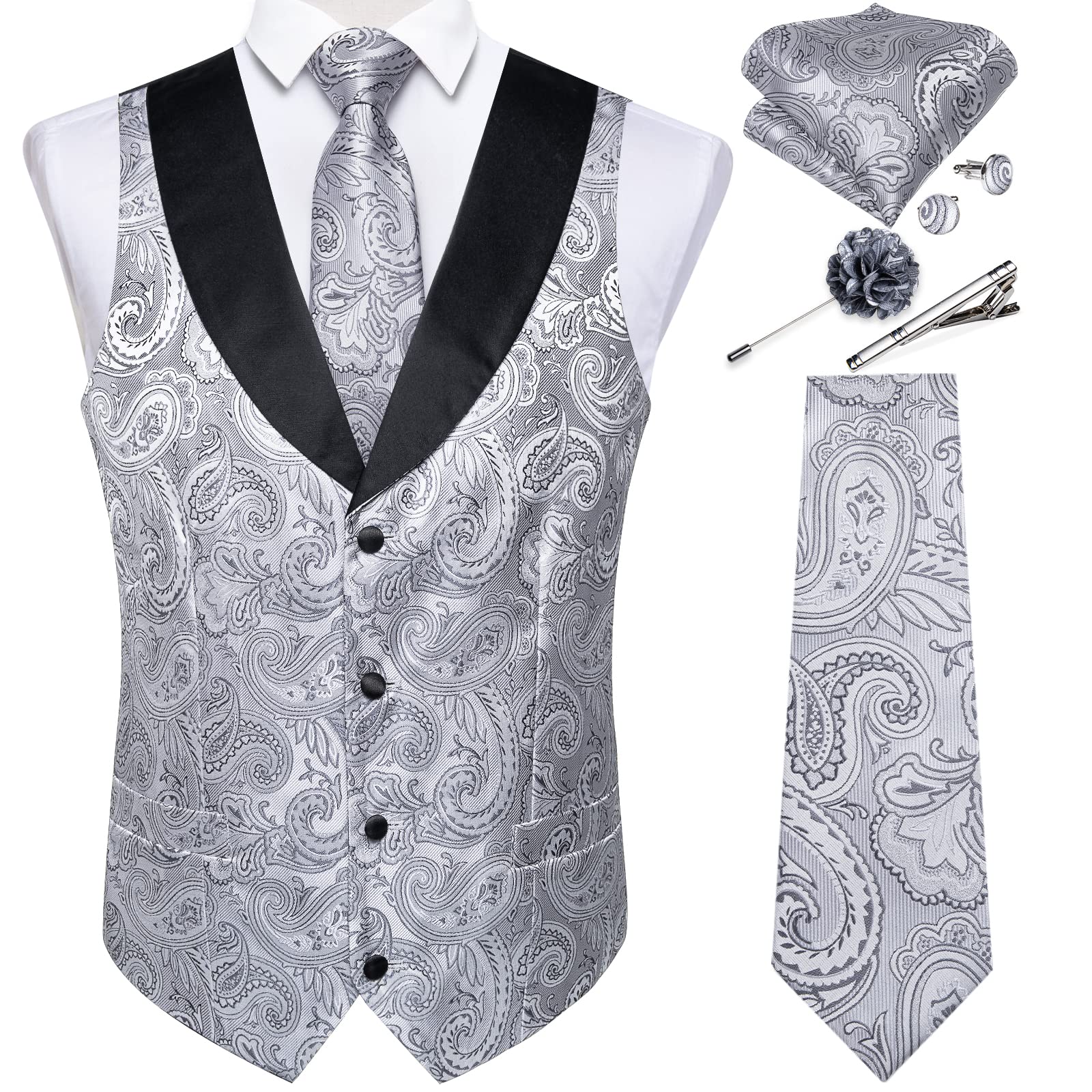 DiBanGu Mens Paisley Suit Vest Silk Jacquard Waistcoat and Necktie Set Formal Shawl Collar Dress Vest 7PCS for Wedding Party