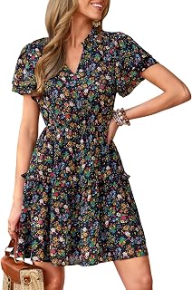 PRETTYGARDEN Womens Summer Floral Beach Dresses | Boho Flower Print, V Neck Ruffle Short Sleeve, Fashion High Waisted, Flowy A Line Mini Dress, Casual Vacation & Party Wear