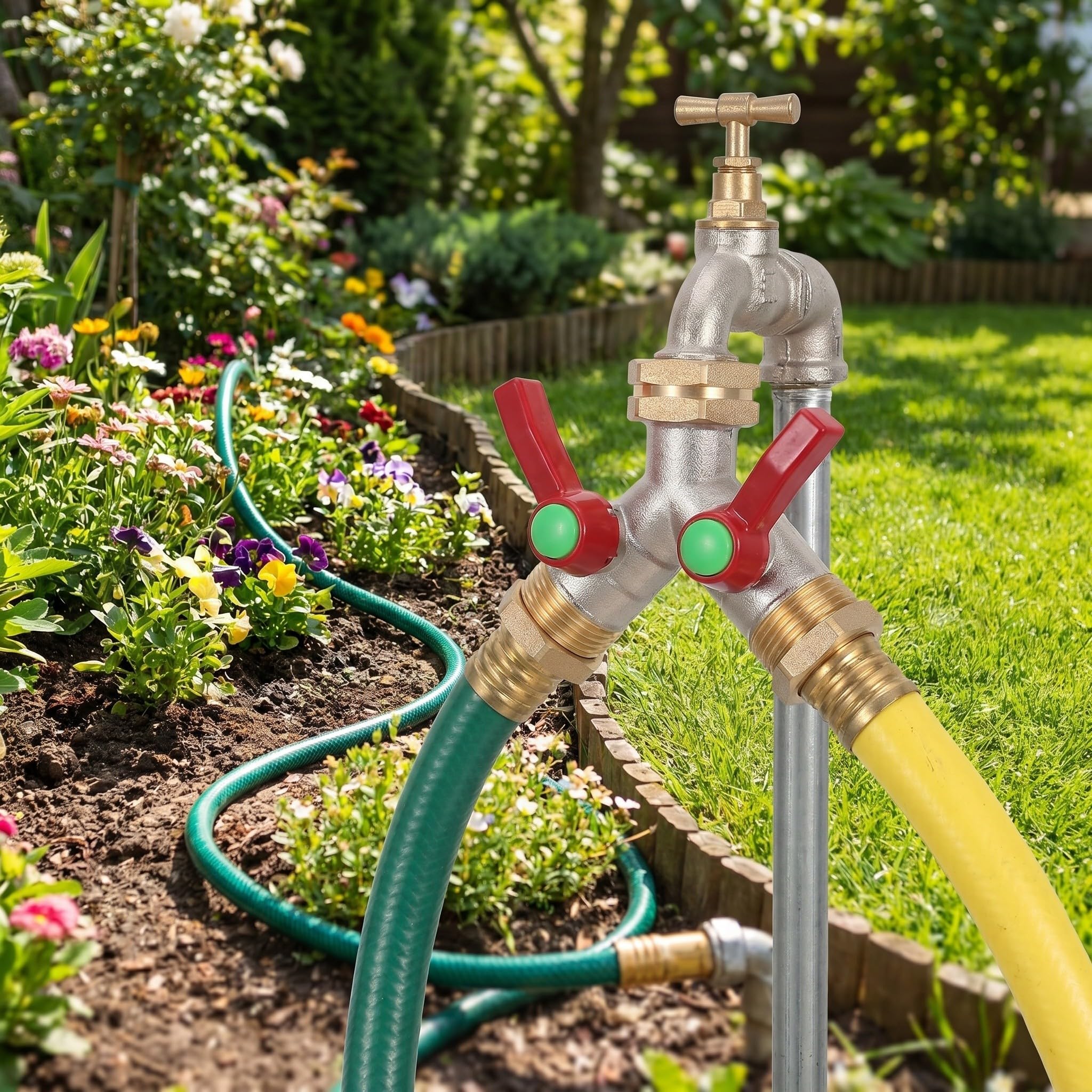 Kisangel 1 Set di sdoppiatore per Tubo Flessibile a 2 Vie - Connettore per Tubo da Giardino a Forma di Y con Doppia valvola di intercettazione per Rubinetto dell'Acqua, Adattatore Resistente