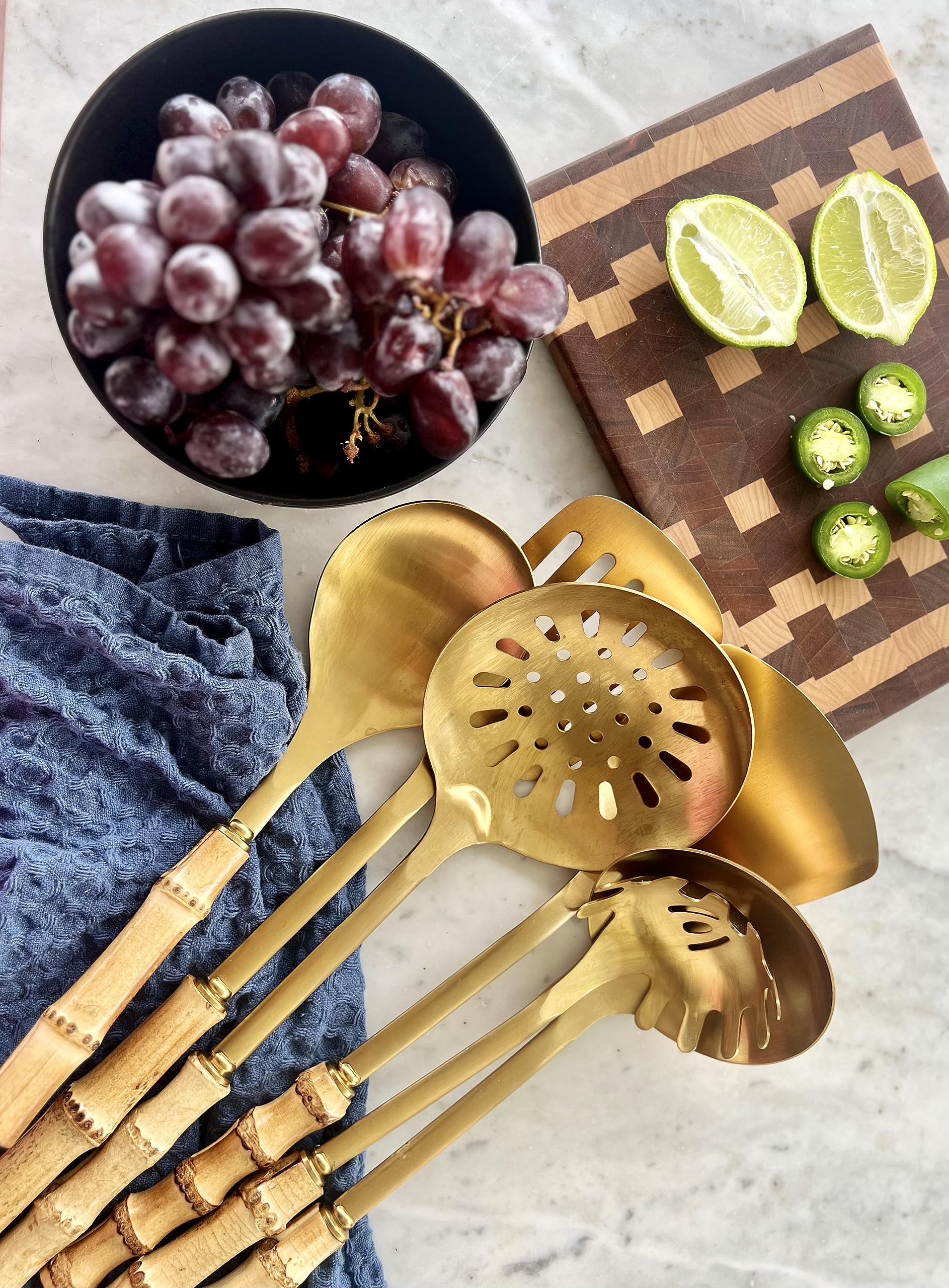 Herramientas de cocina de acero inoxidable de bambú, utensilios de cocina y servir de latón/oro, utensilios de cocina dorados con mango de madera de bambú