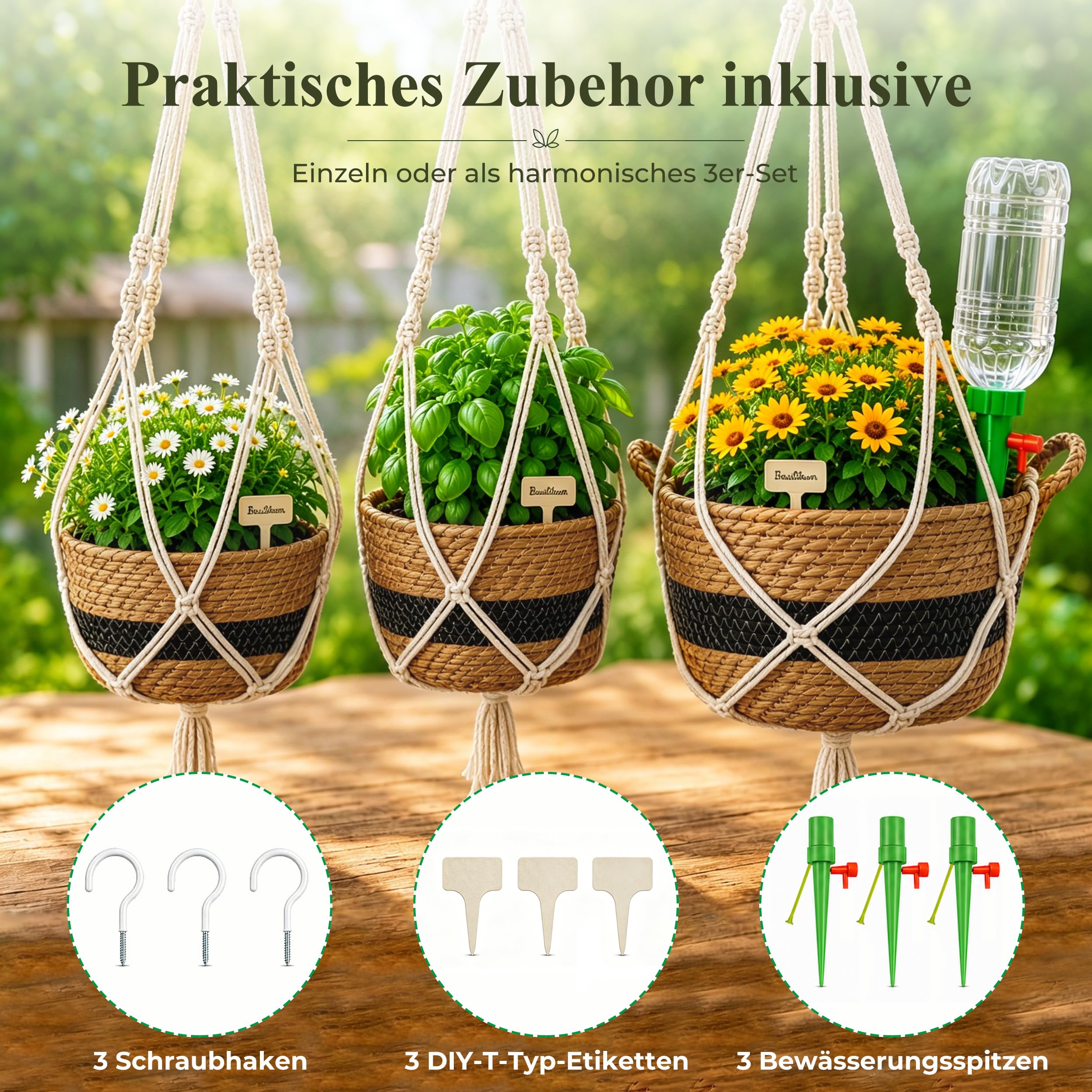 Lot de 3 pots de fleurs suspendus en jonc de mer - Matériau naturel tissé à la main - Panier de fleurs bohème avec corde en coton, crochet en métal et arroseur goutte à goutte - Pour intérieur