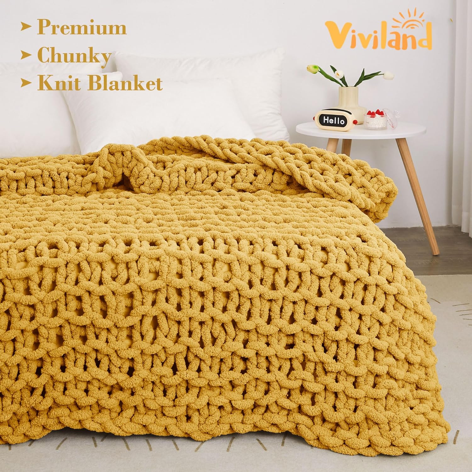Knit Blanket 50"x60" Yellow Cream Soft Washable Chenille Throw Blanket Cozy 100% Handmade Crochet Blankets with Jumbo Chenille Yarn for Couch Bed Sofa Room Decor - Image 8