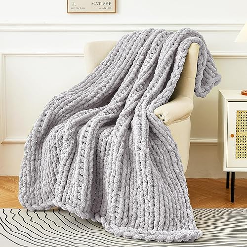 Admitrack Manta de punto grueso, 100 % felpilla tejida a mano para sofá y decoración del hogar, manta de punto suave y acogedora (gris claro, 51 x