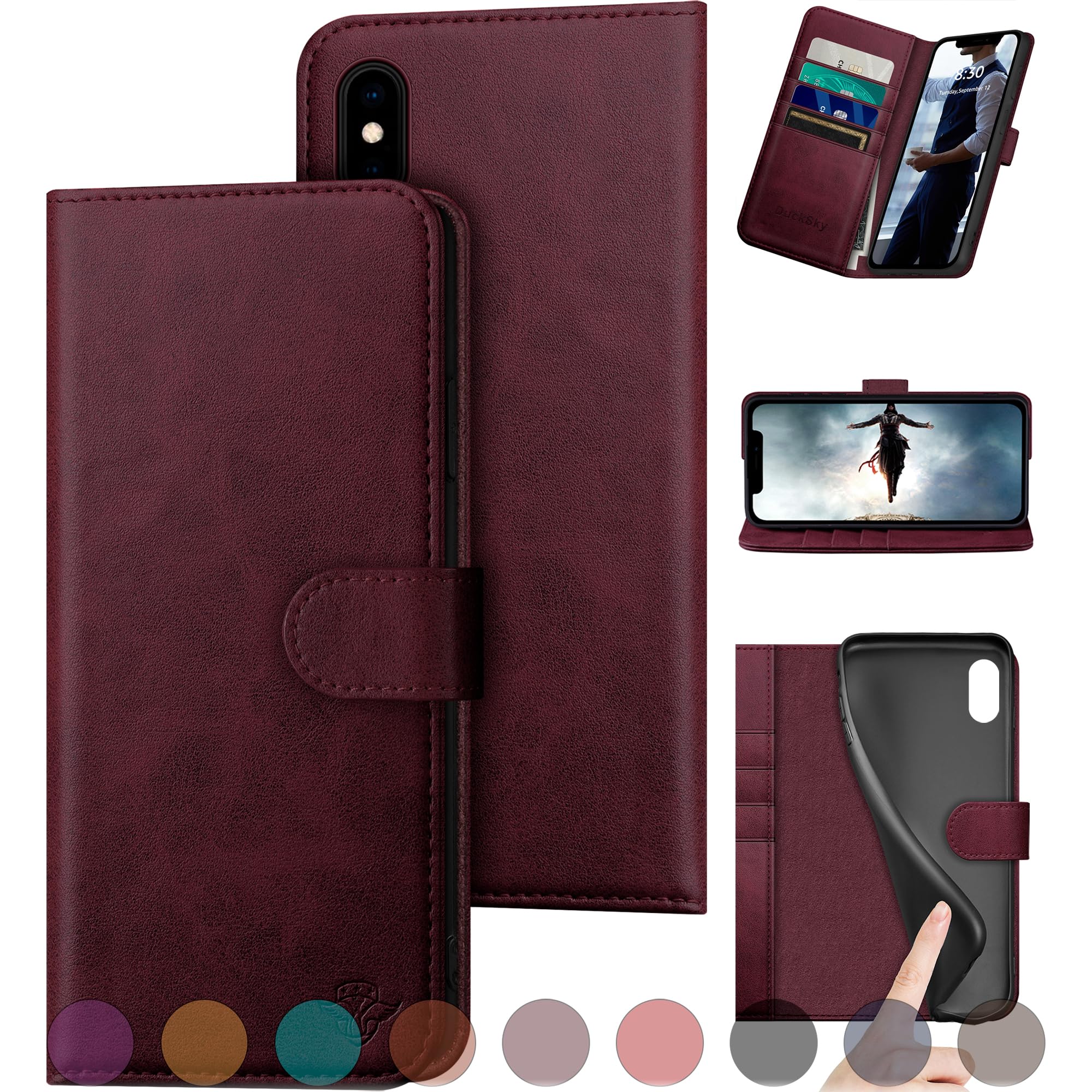 DuckSky for iPhone Xs Max Genuine Leather Wallet case 【RFID Blocking】【4 Credit Card Holder】【Real Leather】 Flip Folio Book Phone case Protective Cover