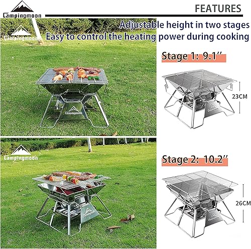 Miniatura 7 de Campingmoon - Parrilla plegable de acero inoxidable para acampar, parrilla portátil de carbón de leña de 14 pulgadas con bolsa de transporte MT-2