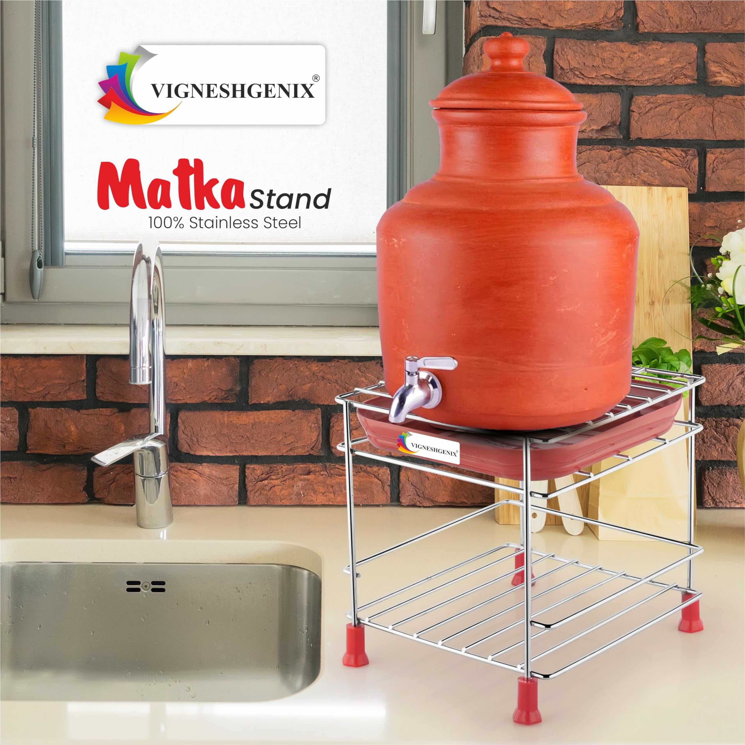 VIGNESHGENIX Stainless Steel 3 in 1 Kitchen Matka Stand Pot Glass Stand | Free Tray for Drop Water Dispenser (Size: 20 * 20 * 20 CM)