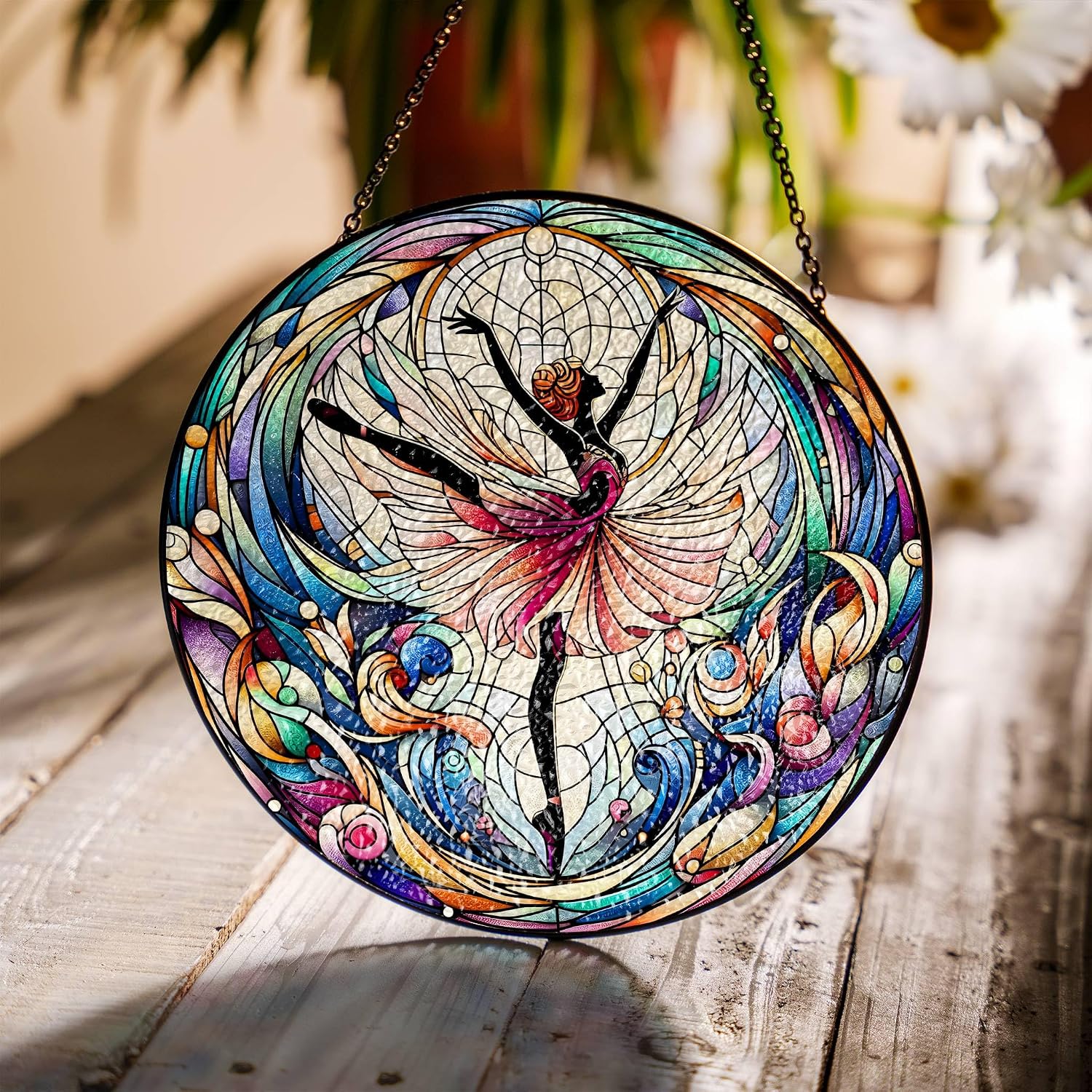Ballet Dancer Stained Glass Ballerina Ornament Suncatcher, Ballet Dancing Window Hanging Decoration (7.8 Inches)