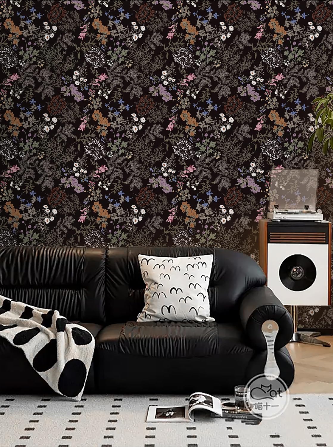 Peel and Stick Wallpaper Black Floral Wallpaper Dark Floral Leaf Contact Paper for Cabinet Vintage Self-Adhesive Removable Wall Paper for Bathroom Bedroom Kitchen Shelf Liner 17.3" x 394"
