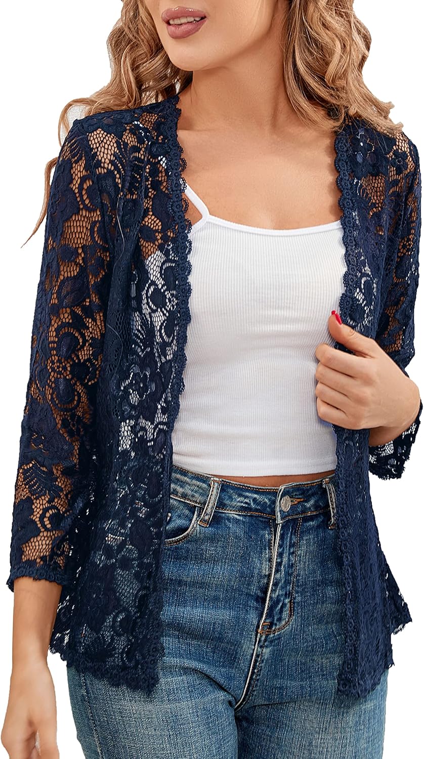 BENANCY Women's 3/4 Sleeve Bolero Shrugs Crochet Lace Open Cardigan Large Navy