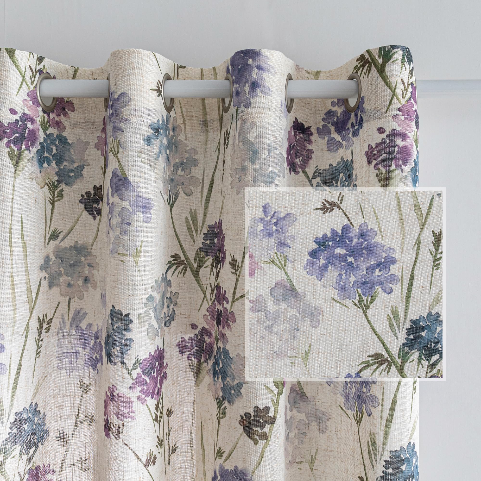 MYSKY HOME Floor to Ceiling Linen Floral Curtains 102 Inch Length 2 Panels Semi Sheer Light Filtering Farmhouse Flower Printed Window Grommet Drapes for Dining Room, 52" W Each Panel, Purple