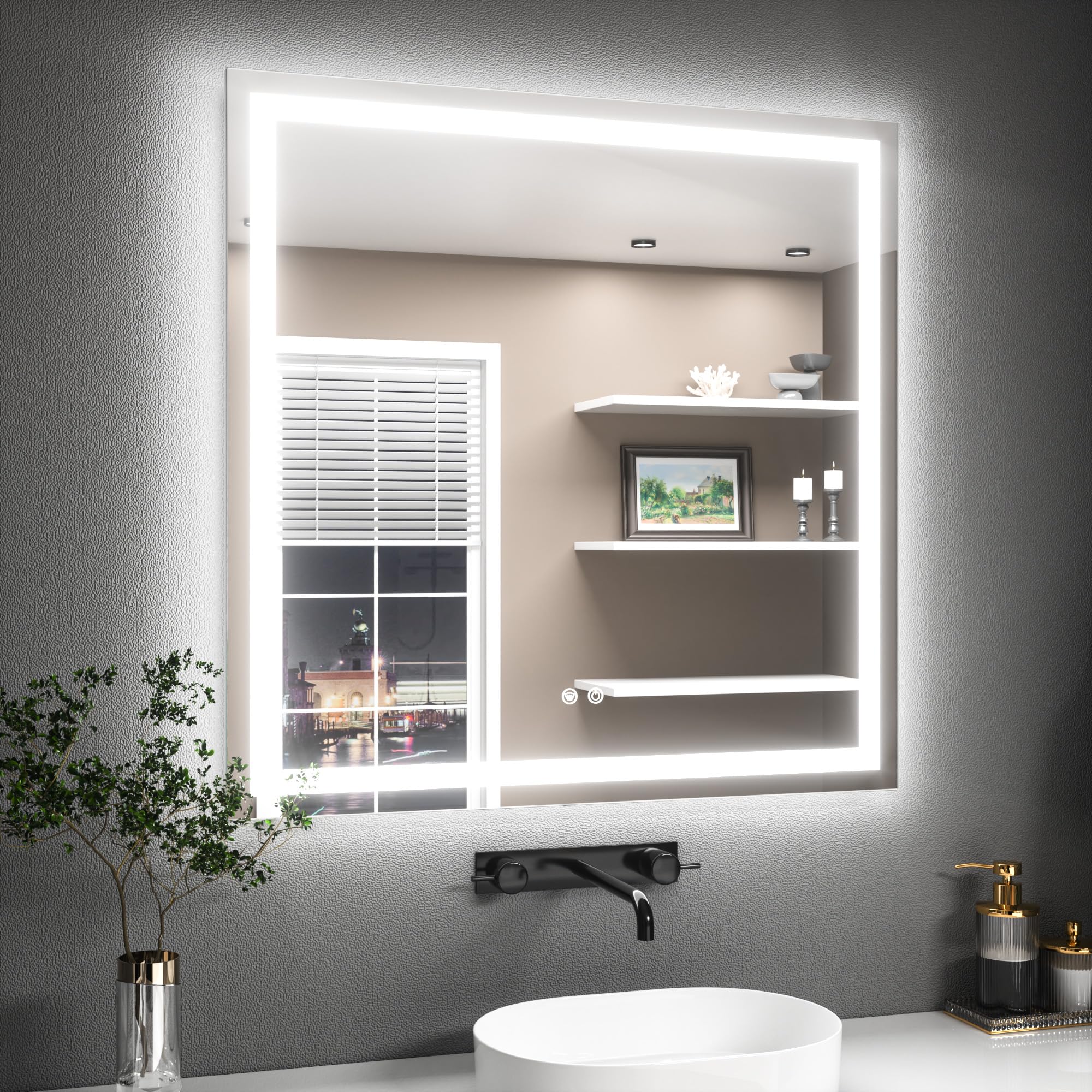 TETOTE Badspiegel mit Beleuchtung 90x90cm, Badezimmerspiegel Beleuchtet Beschlagfrei Badezimmer Wandspiegel Ohne Rahmen Bad Spiegel mit Led Touch-Schalter, 3 Lichtfarben Dimmbar Speicherfunktion