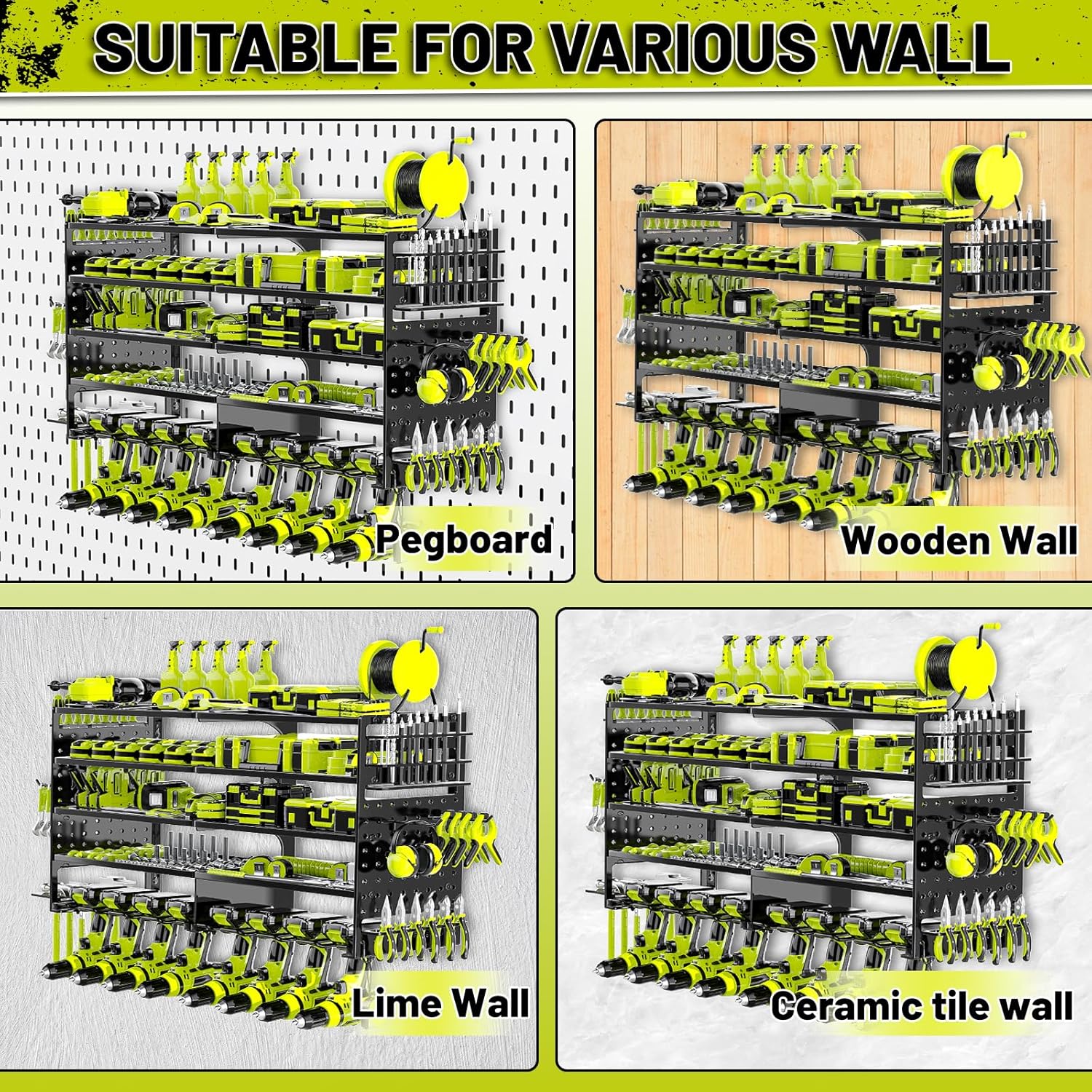 5 Layers Power Tool Organizer Wall Mount, Metal Cordless Tool Hanger Storage Rack Holder with 8 Drill Holders, Heavy Duty Garage Wall Tool Shelf for Workshop Tool Room Shed Pegboard Black