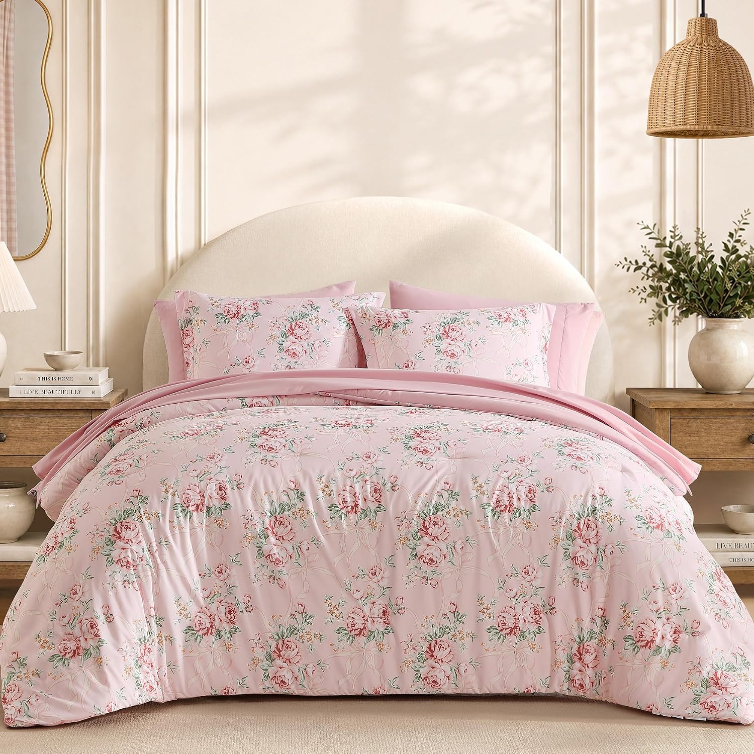 BLOOMHAVEN Full Size Comforter Sets-7 Pieces Pink Floral Bed in a Bag