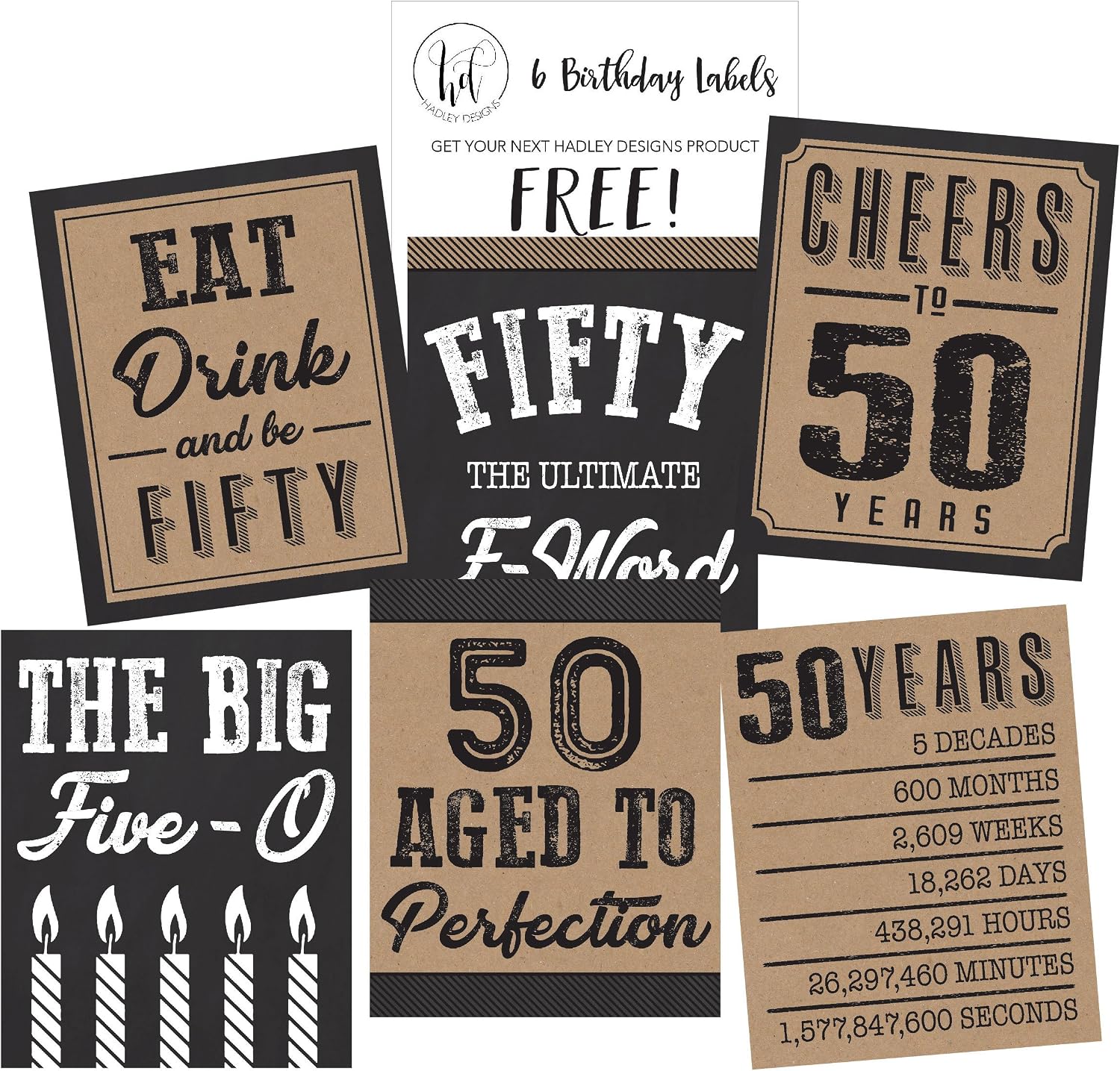 6 50th Birthday Wine or Beer Bottle Labels Stickers Present, 1971 Bday Milestone Gifts For Him Man, Cheers to 50 Years, Fifty, Funny Fabulous Unique Party Decorations Supplies For Men Husband Male