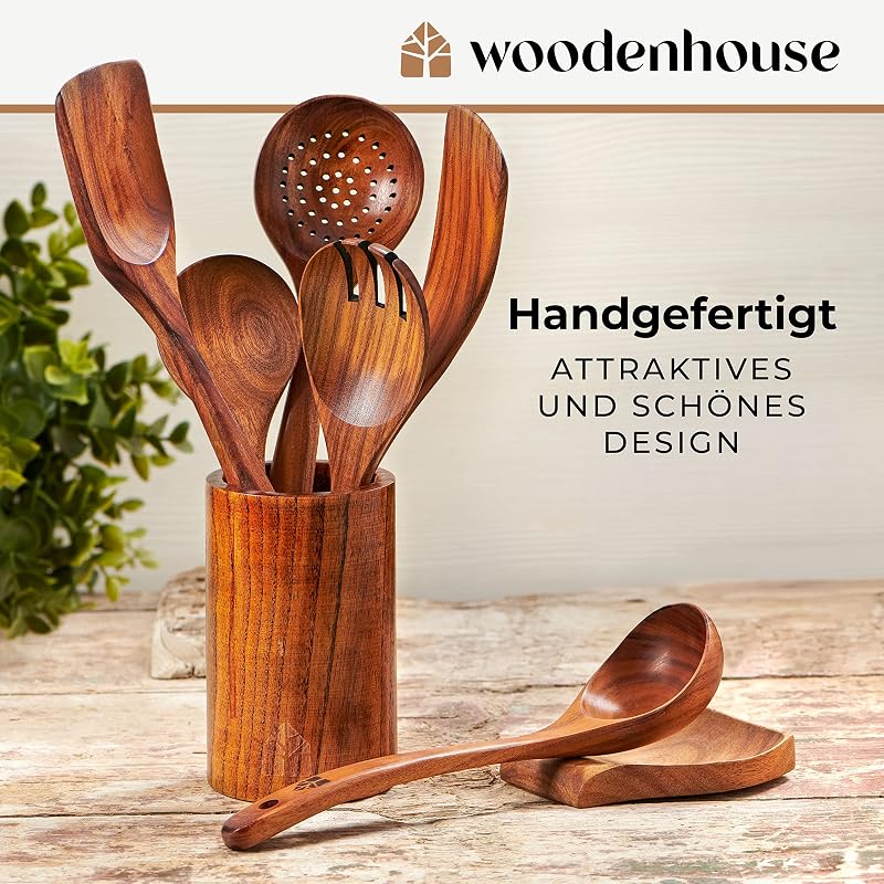 Woodenhouse 8 részes teakfa konyhai eszközkészlet tartóval, kanáltartóval és akasztókkal - Tapadásmentes főzőeszközök