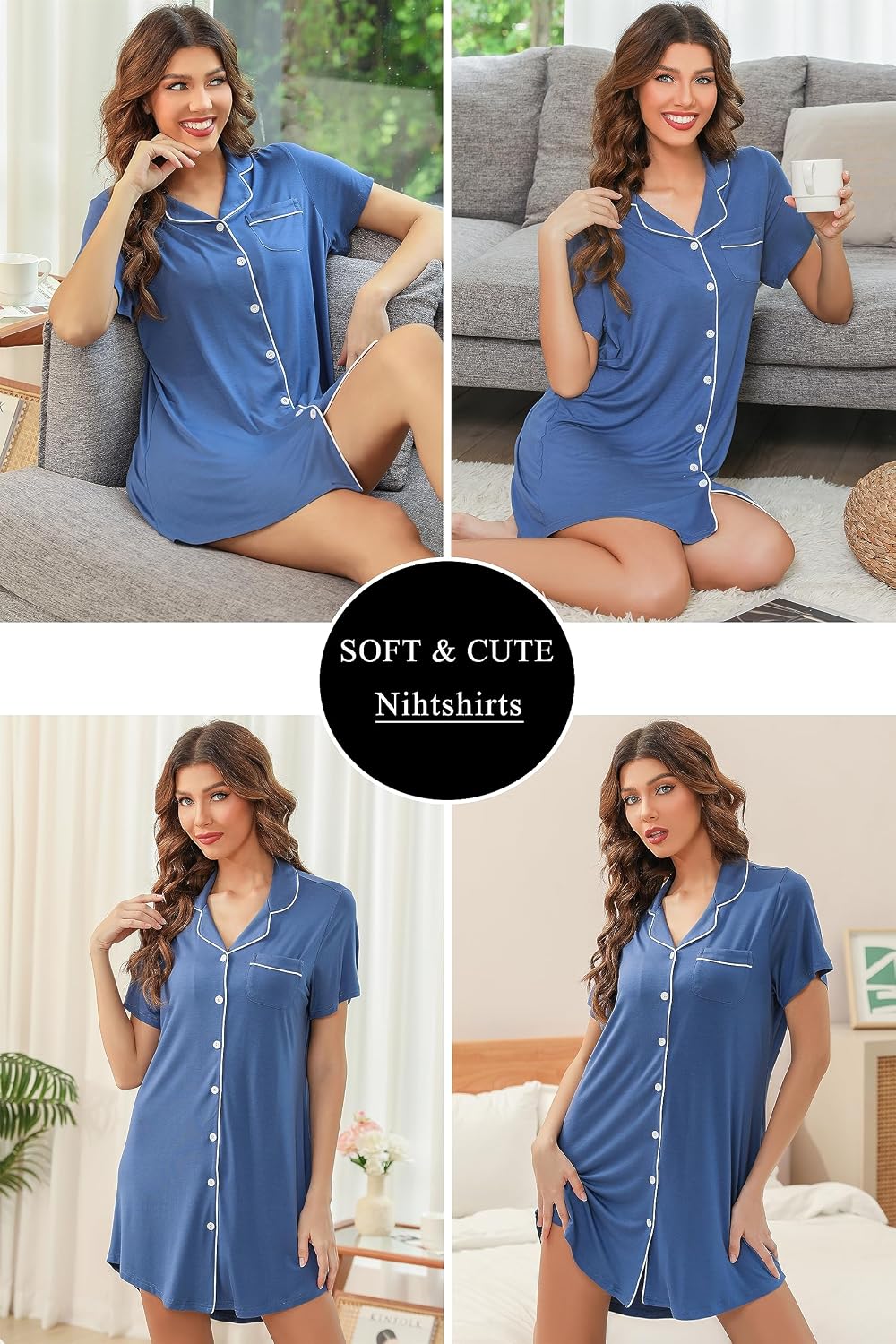 Anjue Short Sleeve Button Down Pajama Nightgowns for Women S-XXL