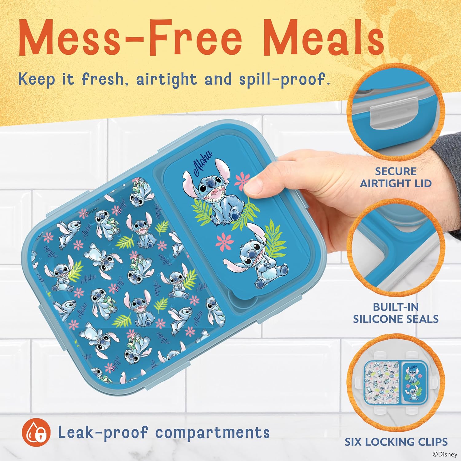 Disney Stitch Bento Box for Kids, Divided Compartments, Leak-Proof image 4