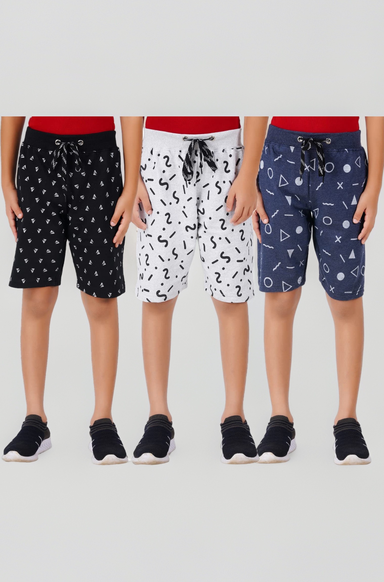 Boys Stylish Cotton Black, Grey & Blue Regular Shorts - Pack of 3