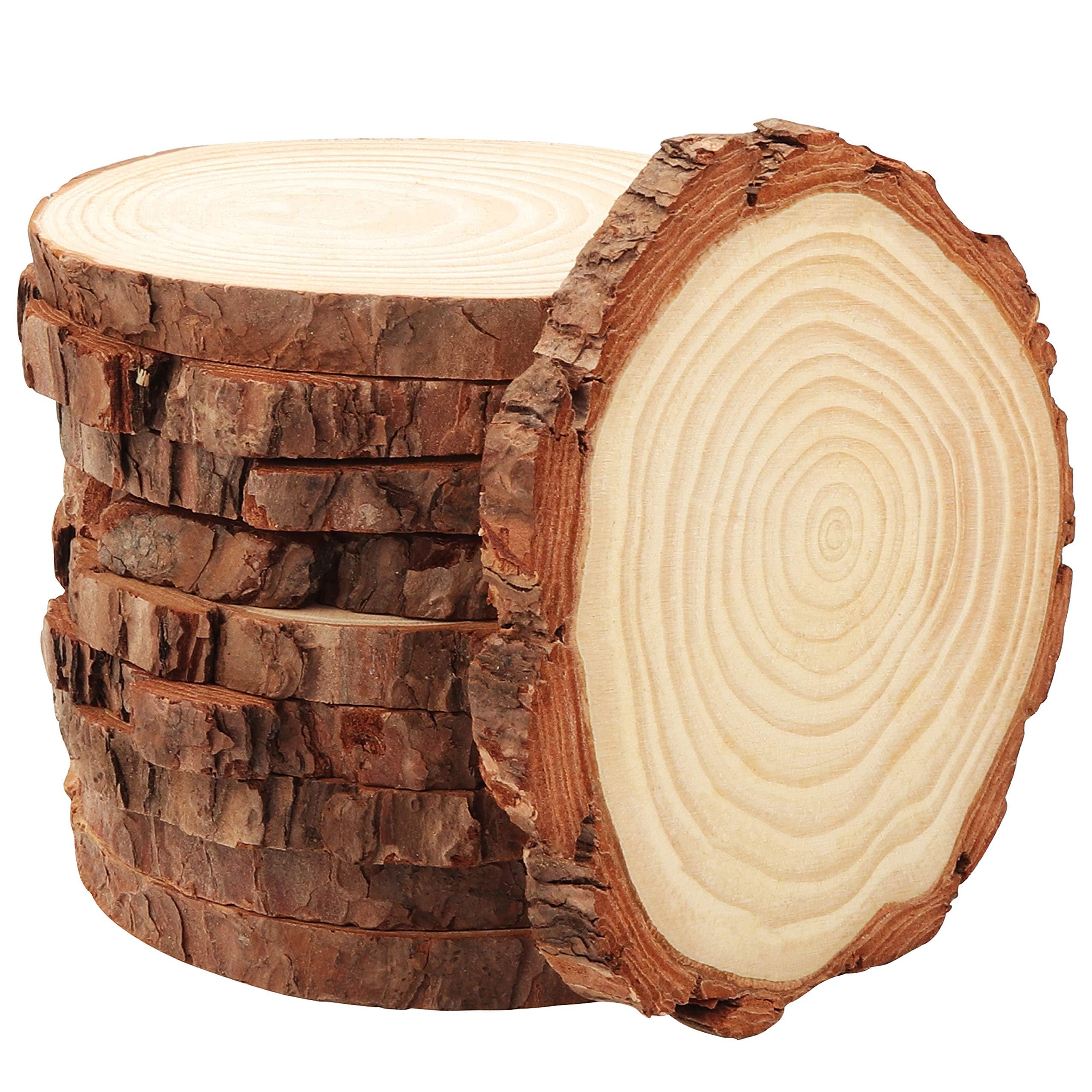 Kurtzy Unfinished Natural Wood Slices (10 Pack) - 10-11cm Diameter & 10mm Thick - Rustic Wooden Log Discs with Bark & Smooth Finish - For Arts & Crafts, DIY, Coasters, Decorations, Christmas Ornaments
