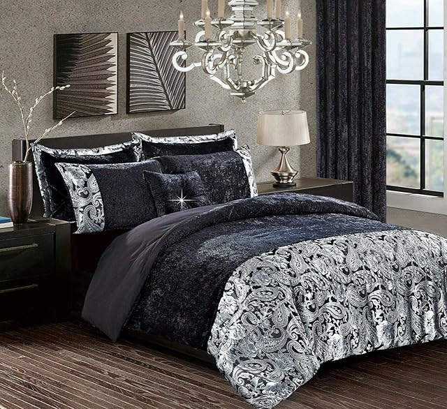 Householdfurnishing 3 Pieces Duvet/Quilt Cover Set Bedding Set Crushed Velvet With Pillowcases (Black, Double)