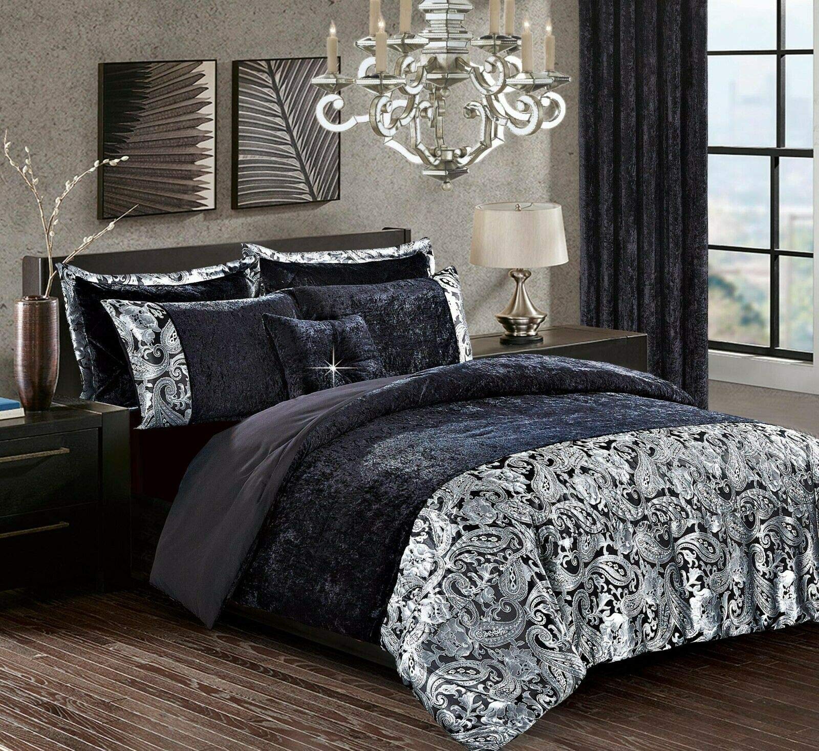 Householdfurnishing Luxury Crushed Velvet 3 Pieces Duvet/Quilt Cover Set Bedding Set With Pillowcases (Black, Double)