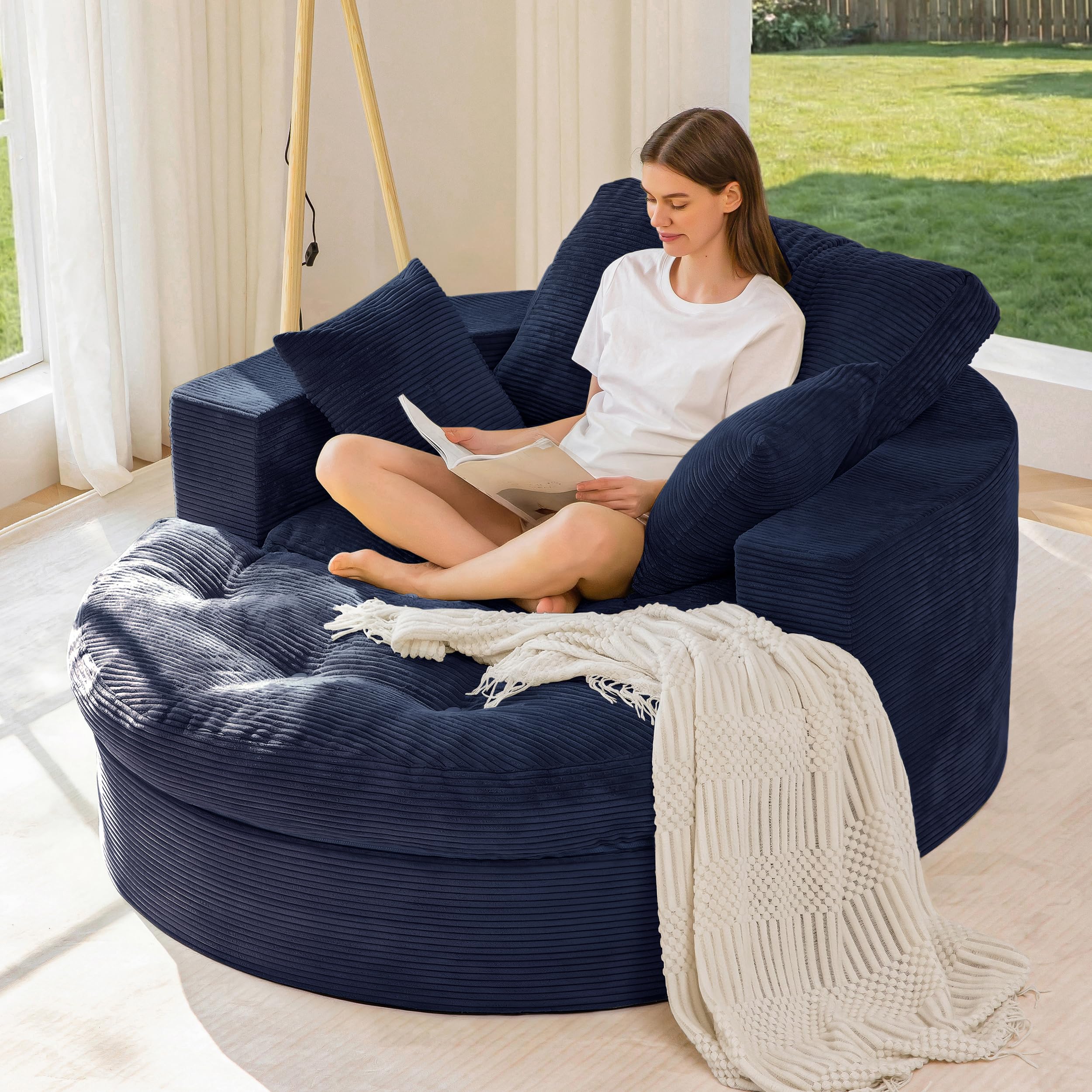 MAXYOYO Oversized Round Chaise Lounge Sofa, Boneless Chair with Ottoman | Navy Upholstered Reading Chair Has a Deep Seat and 3 Pillows, with No Assembly Required for Living Rooms or Bedrooms.