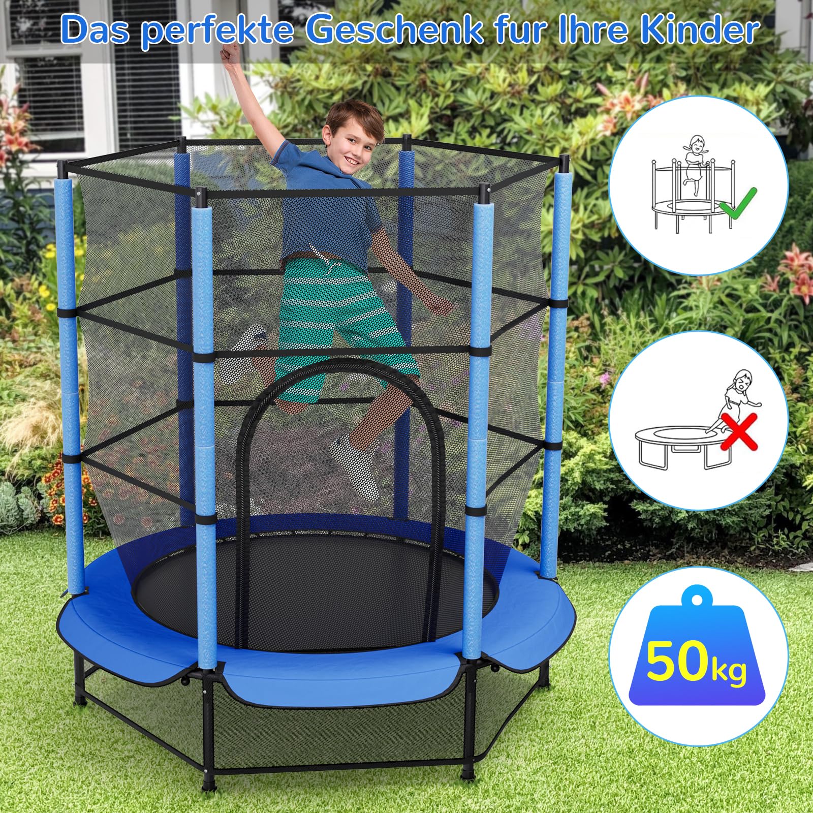 LIFERUN Trampolín para niños, para Exteriores, diámetro de 140 cm, para Interiores y niños, con Red de Seguridad, para Entrenamiento y Entretenimiento, hasta 50 kg, Juguete para niños