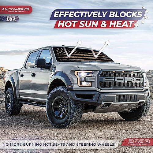 Miniatura 3 de Autoamerics Parasol para parabrisas de 1 pieza, diseño de camuflaje marrón con bandera estadounidense de Estados Unidos, parasol plegable para la