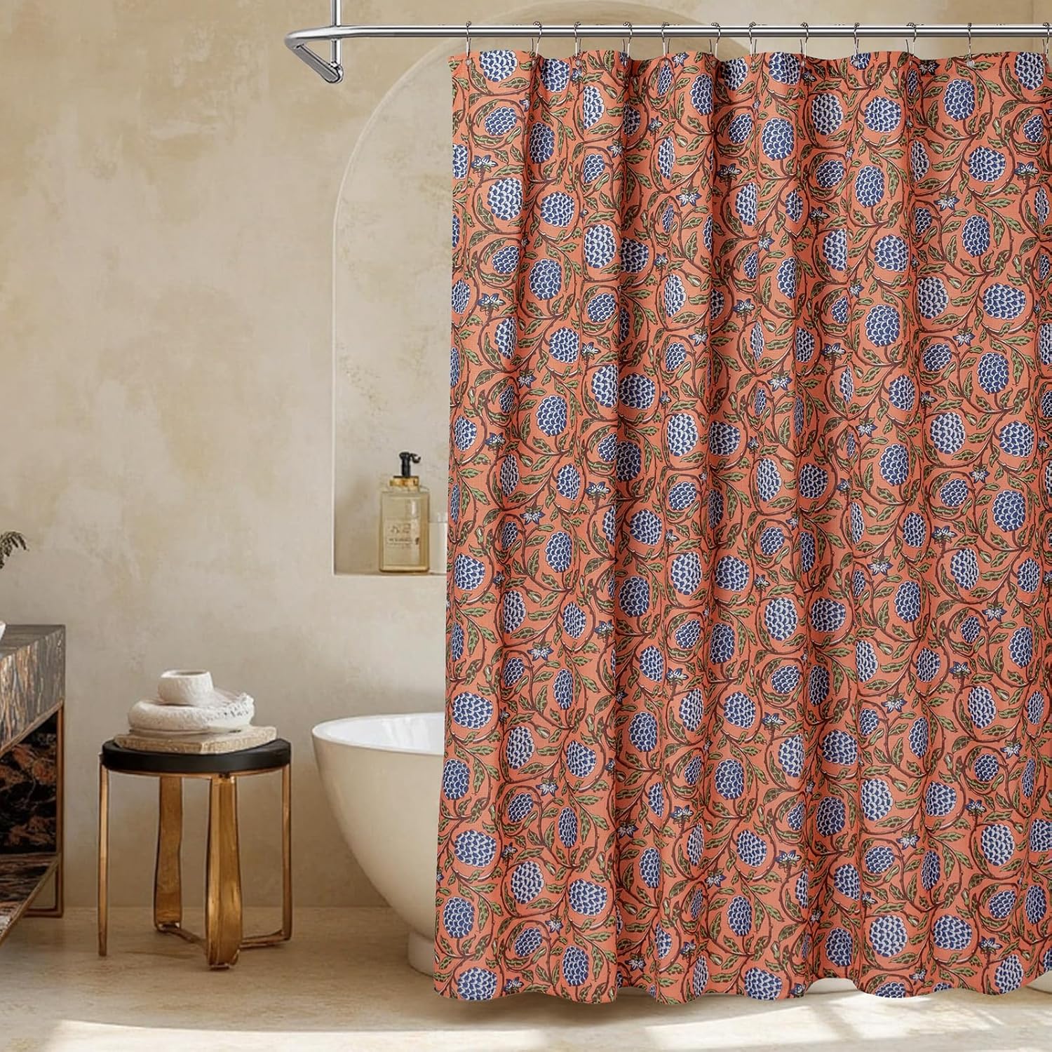 MUGINYU Boho Burnt Orange Floral Shower Curtain - 72x72 Inches,Cotton Blend Cloth Fabric, Botanical Coral Block Print Pattern for Rustic Farmhouse Frenchy Bathroom