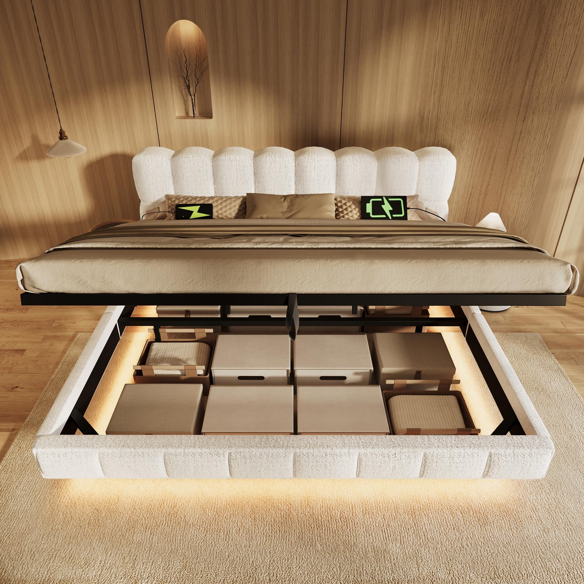 Cama flotante acolchada de matrimonio 140 x 200 cm con somier de láminas, cama colgante con contenedor hidráulico y LED y USB/TypeC, cama con diseño de nube, chenilla, beige, colchón no