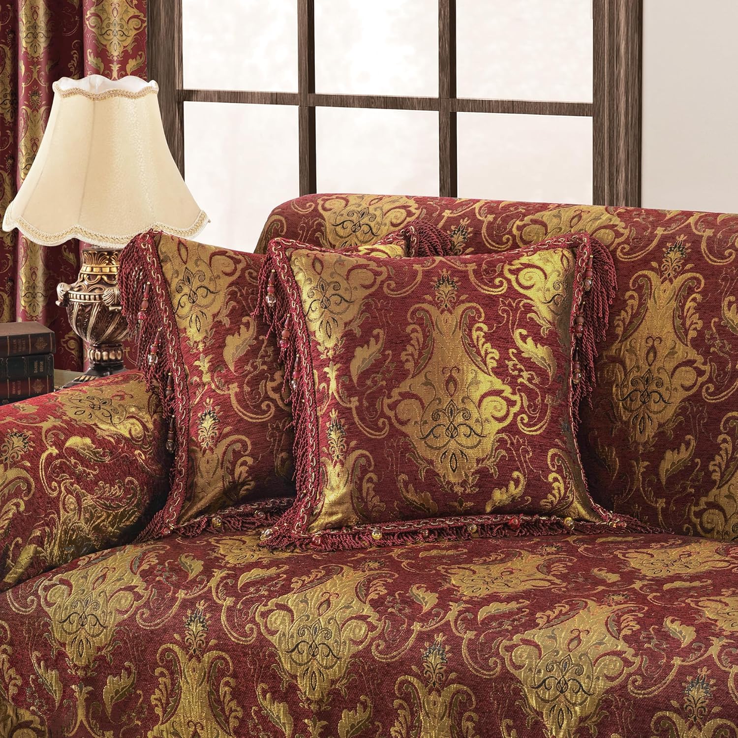 Loom and Mill Luxury Throw Pillow Cover 20 x 20 Inches 1 Piece, Jacquard Decorative Chenille Square Pillow Cover European Pillowcase with Lace Edge and Tassels for Bed Couch Sofa Car Home Decor, Red