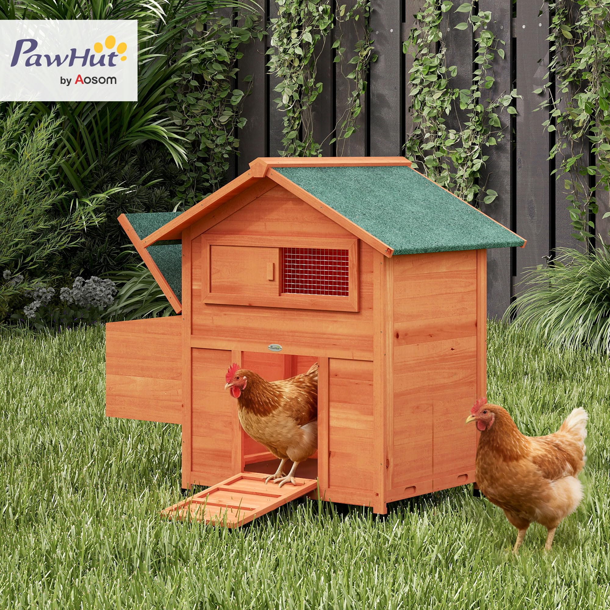 PawHut Hühnerstall Winterfest Nistkasten für 2 Hühner 113,5x67,5x95,5cm | Hühnerhaus Holz, 2 Sitzstangen, Rampe, Schiebefenster, Wasserdichtes Dach, Herausziehbares Tablett, für Enten Kaninchen