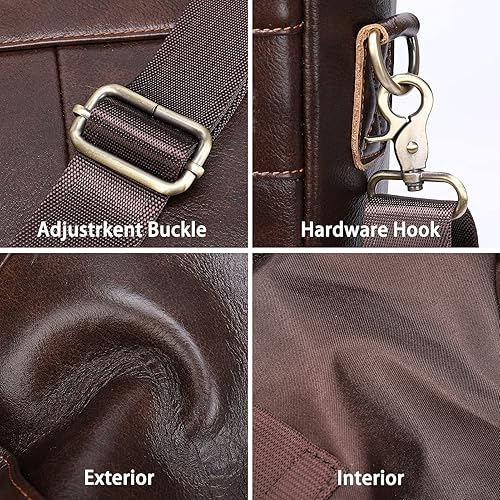 Miniatura 8 de REALON Maletín de cuero genuino para hombres, bolsa de hombro para computadora portátil con correa, bolso de trabajo de viaje de negocios de 15.6