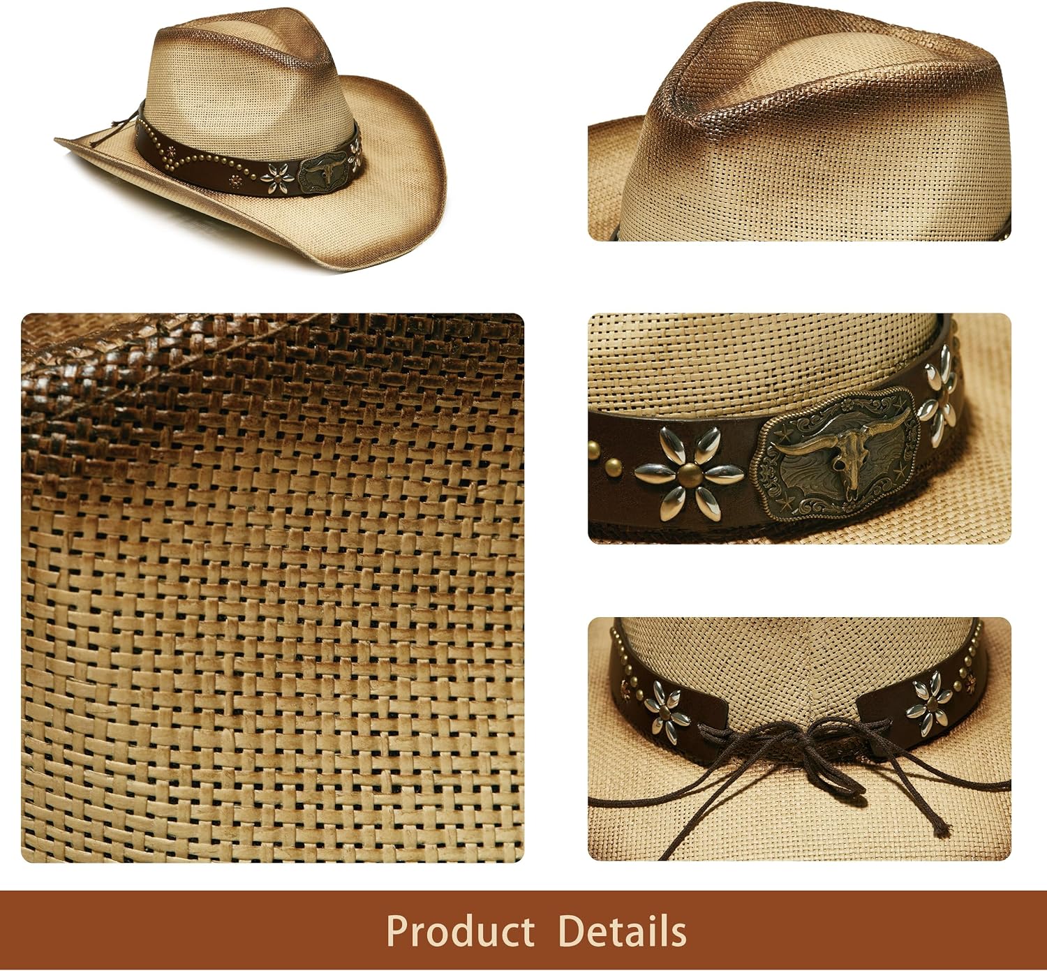 YOUBADU Western Straw Cowboy and Cowgirl Hats with Decorative Bands - Unisex Wide Brim Raffia Style Sun Hat