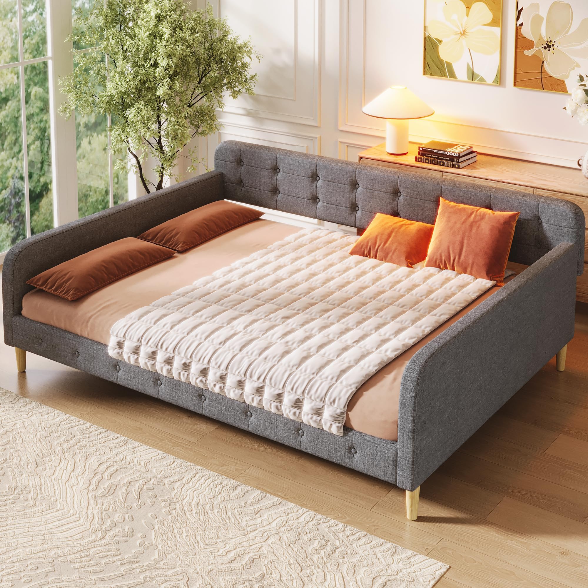 Ball & Cast Queen Size Daybed,Linen Upholstered Day Bed Frame with 4 Wood Legs,Button Tufted Sofa Bed for Living Room,Apartment,No Box Spring Needed,Gray