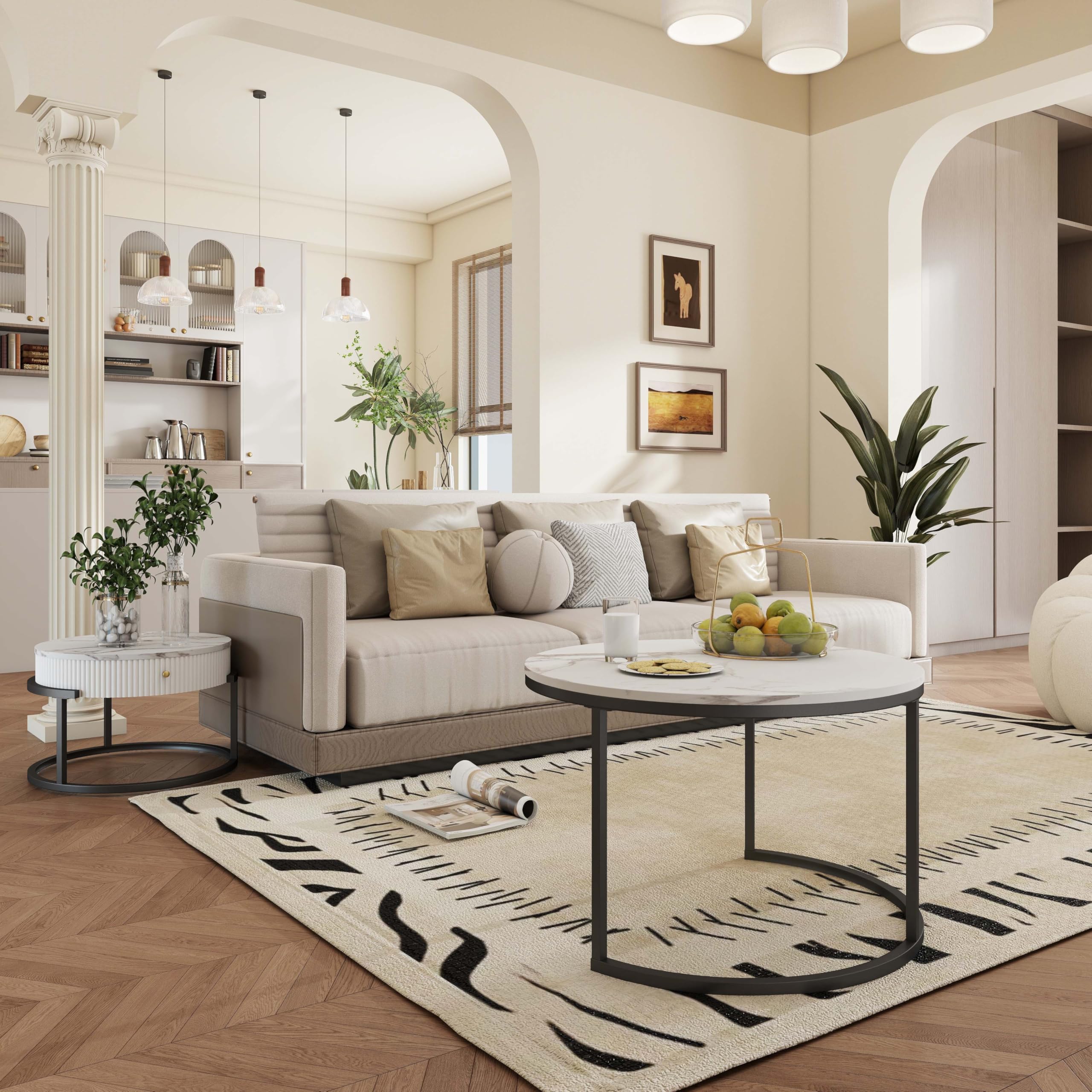 Tavolino da Divano, Tavolino Salotto Moderno Rotondo a cornice nera set di 2 pezzi, Tavolo Bianco con effetto marmo e cassetto