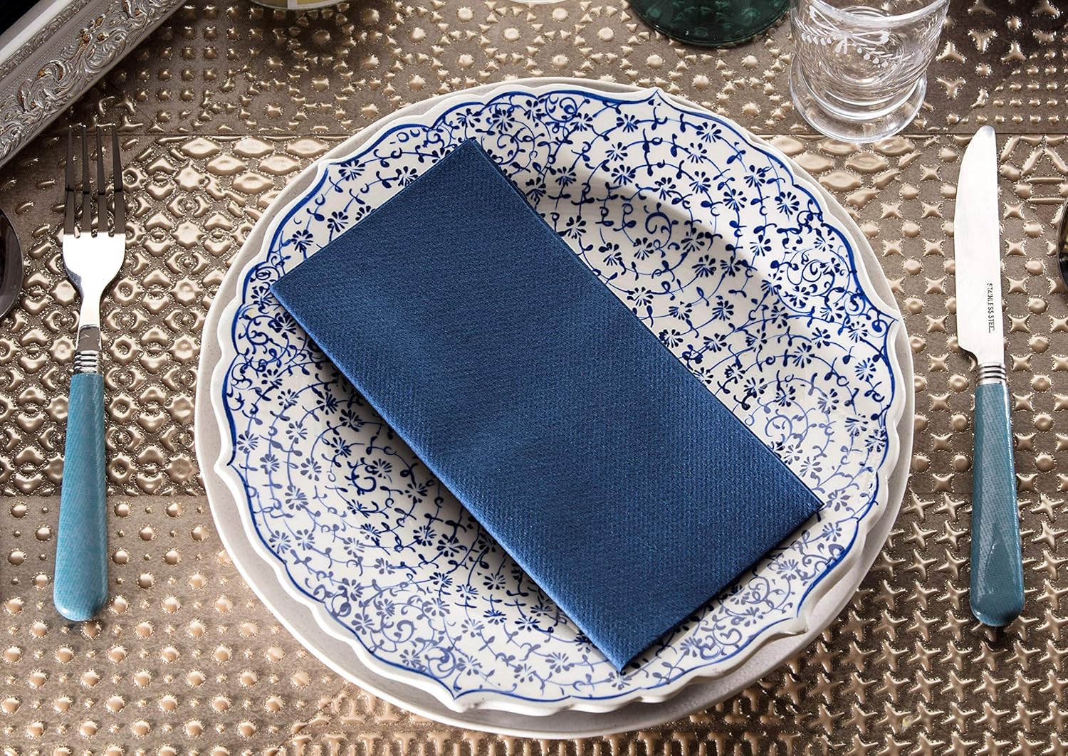 Navy Napkins | Linen Feel Disposable Cloth Like Paper Dinner Napkins | Hand Towels | Soft, Absorbent, Paper Hand Towels for Bathroom,Kitchen,Parties,Weddings or Events | 50 Pack : Health & Household