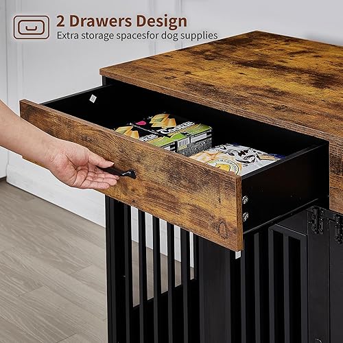 Miniatura 5 de VECELO Mueble de jaula para perros medianosgrandes, jaula de madera para perros con cajones, puerta doble, mesa auxiliar para perreras, color marrón